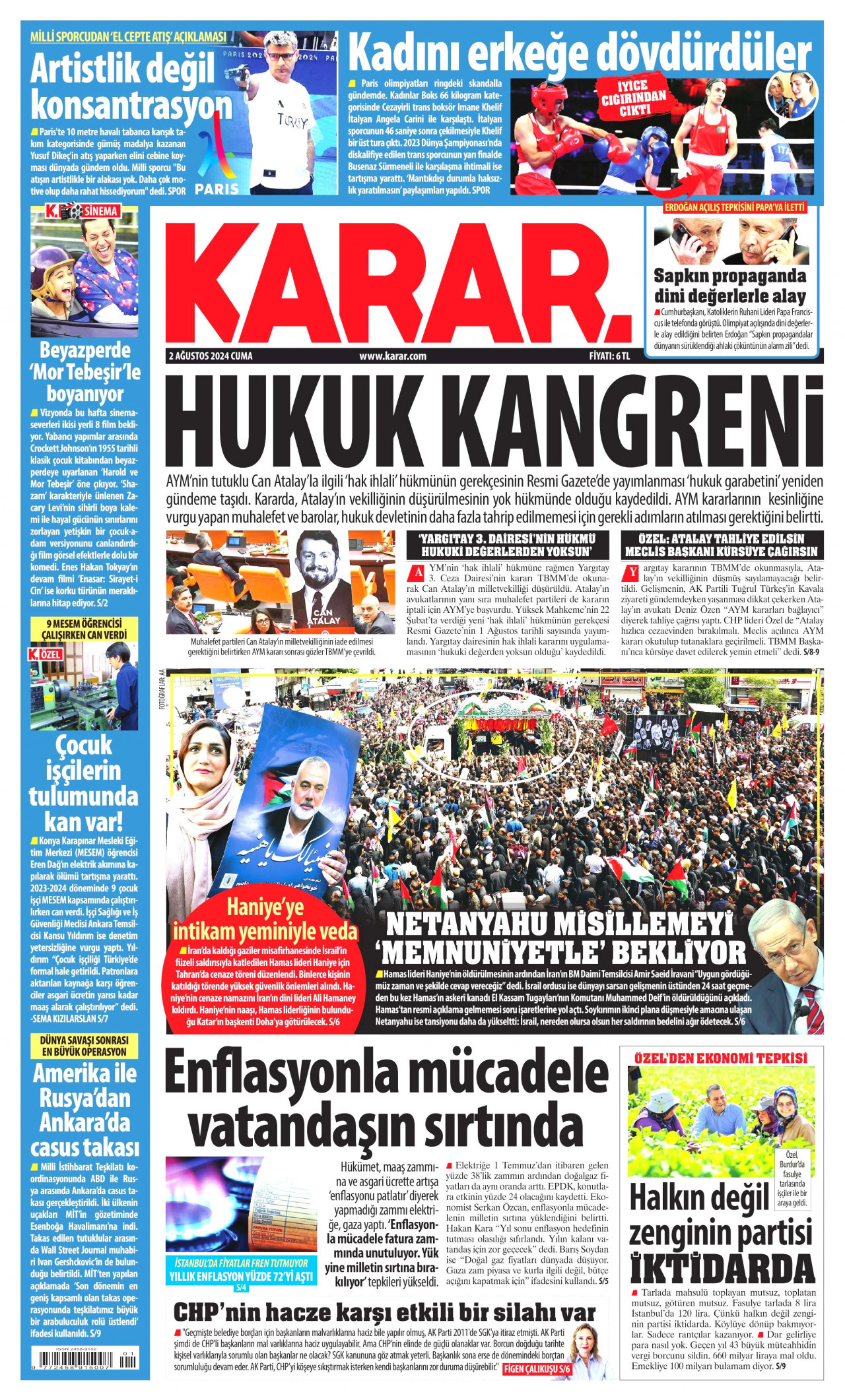 KARAR gazetesinin 2 Ağustos 2024 tarihli birinci sayfası