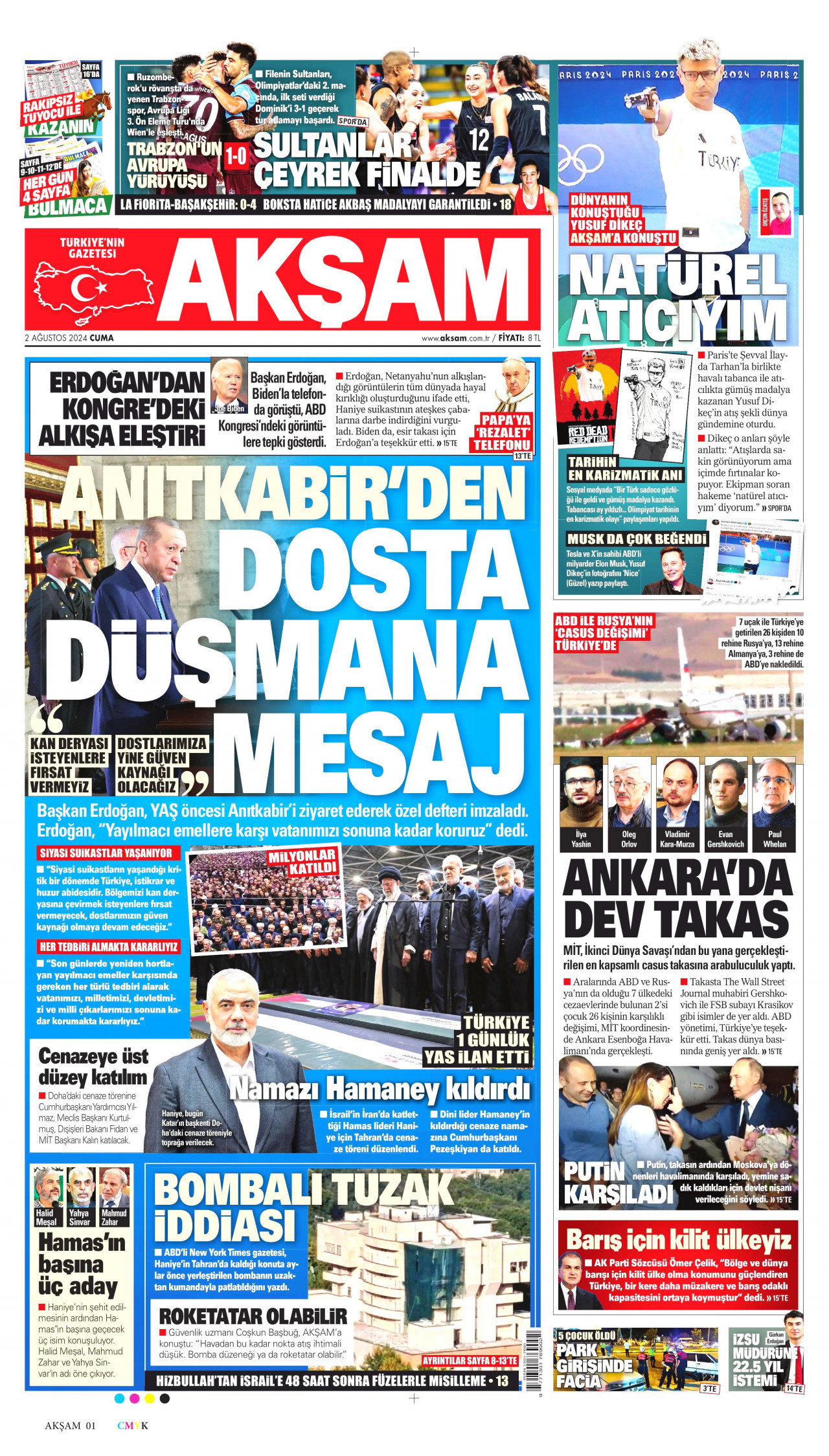 AKŞAM gazetesinin 2 Ağustos 2024 tarihli birinci sayfası