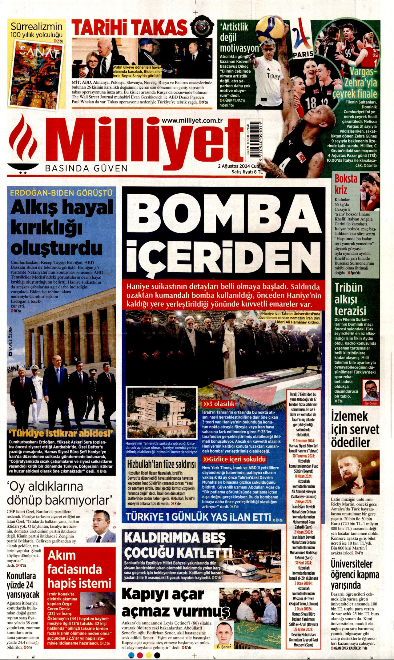 MİLLİYET gazetesinin 2 Ağustos 2024 tarihli birinci sayfası