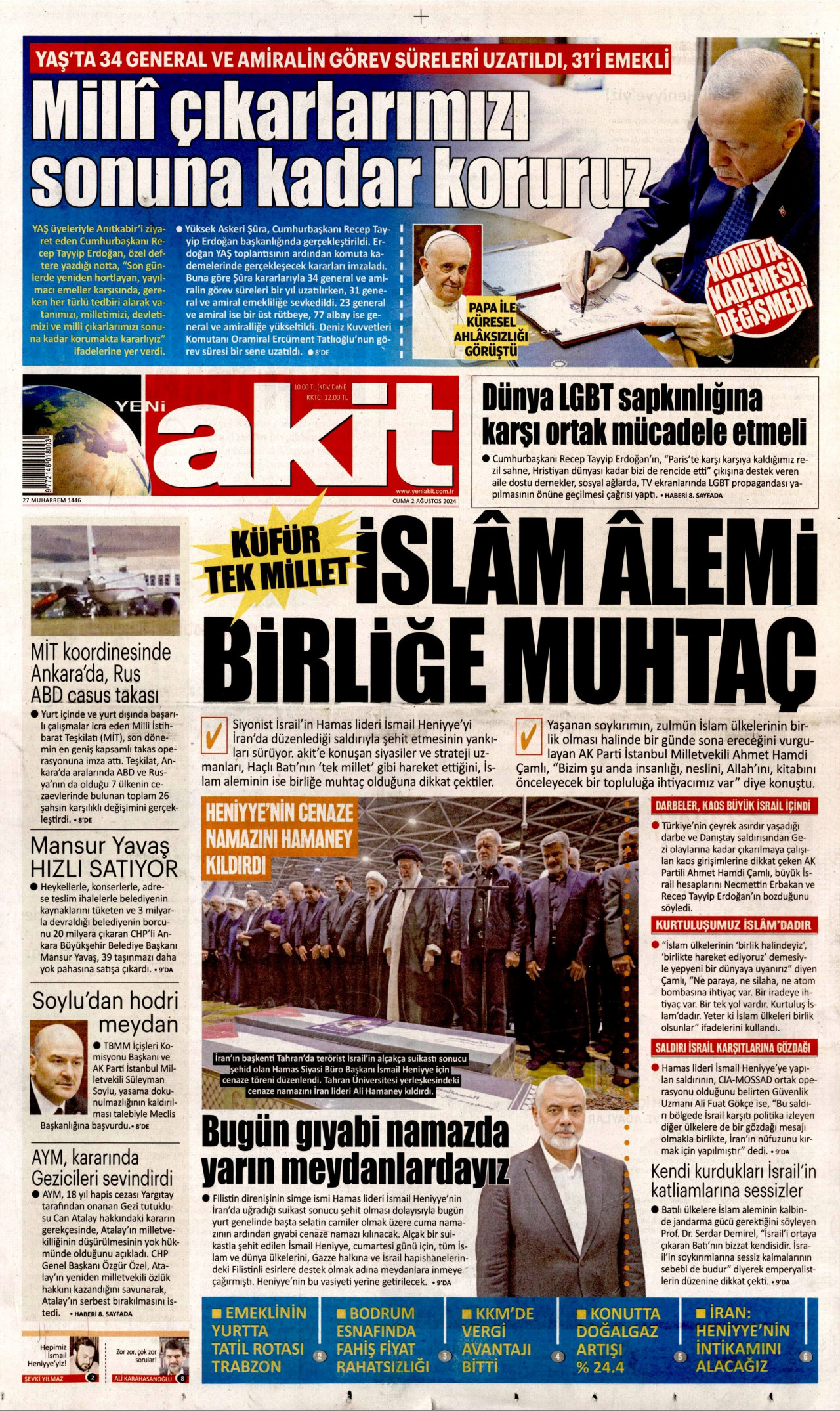 YENİ AKİT gazetesinin 2 Ağustos 2024 tarihli birinci sayfası