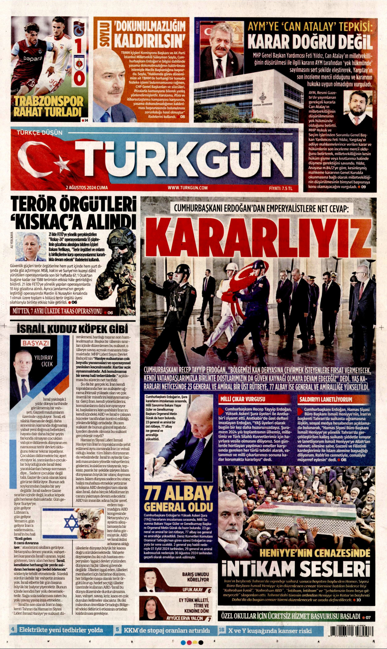 TÜRKGÜN gazetesinin 2 Ağustos 2024 tarihli birinci sayfası