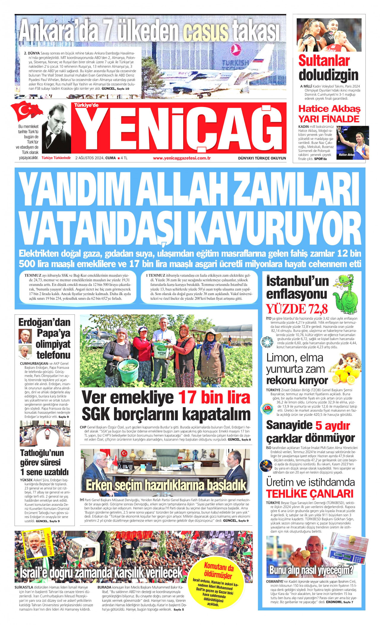 YENİÇAĞ gazetesinin 2 Ağustos 2024 tarihli birinci sayfası