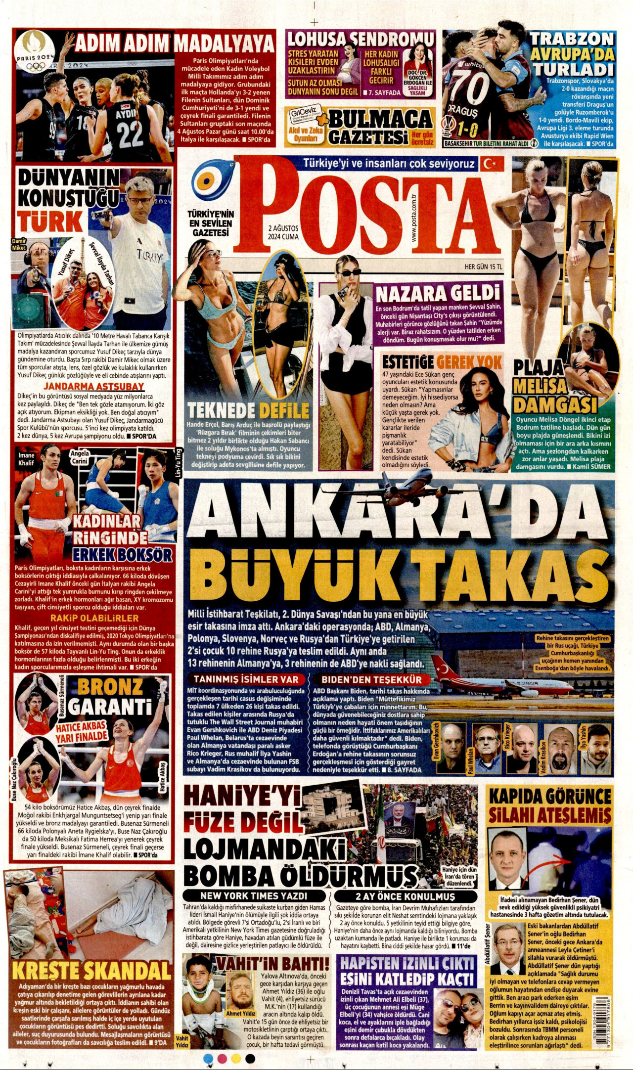 POSTA gazetesinin 2 Ağustos 2024 tarihli birinci sayfası