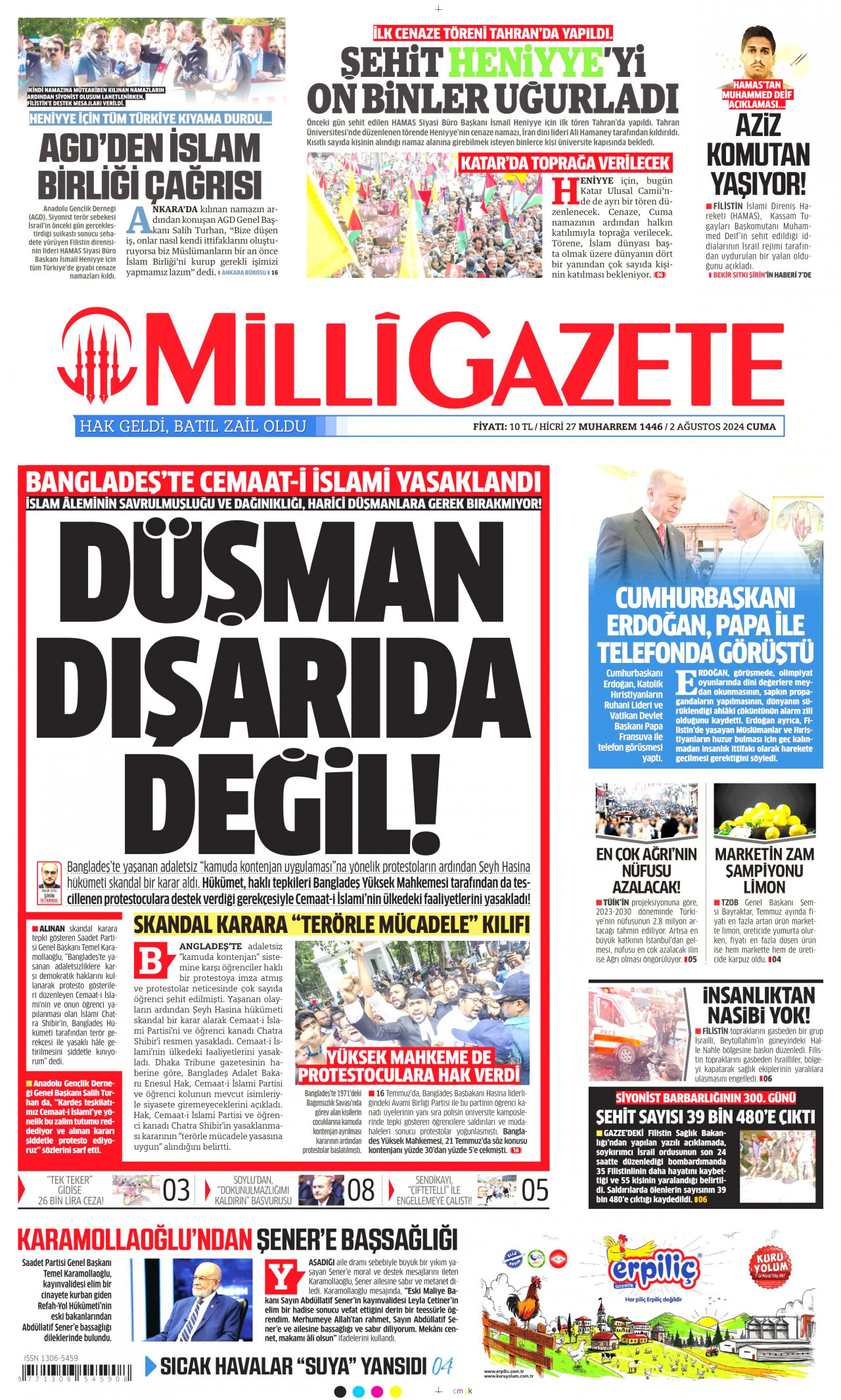MİLLİ GAZETE gazetesinin 2 Ağustos 2024 tarihli birinci sayfası