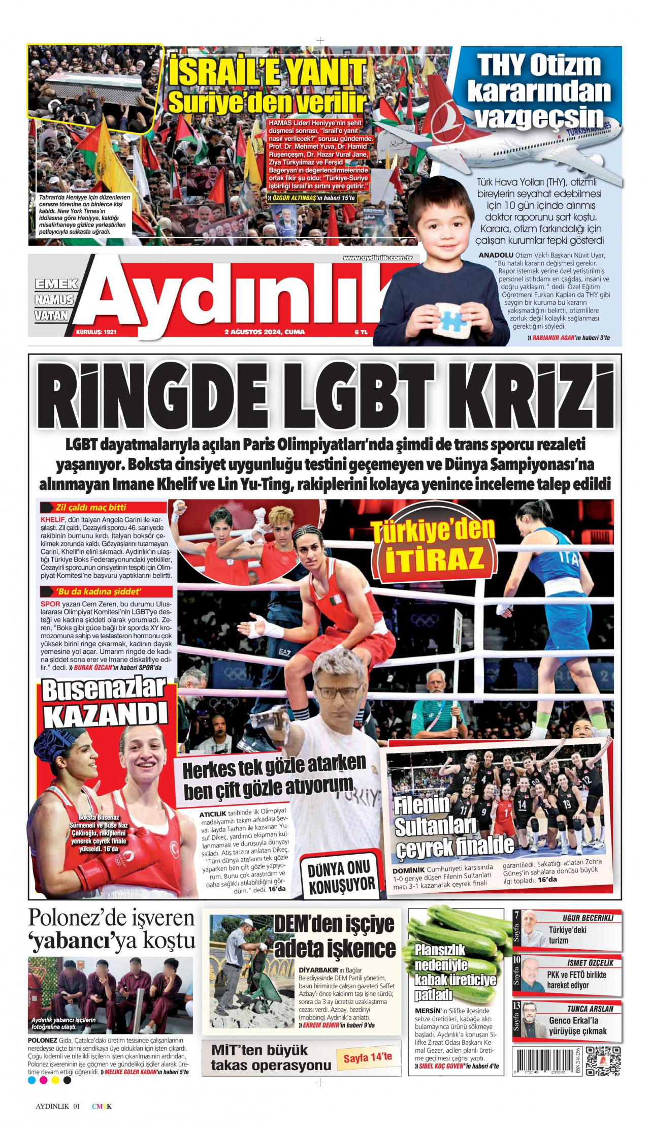 AYDINLIK GAZETESİ gazetesinin 2 Ağustos 2024 tarihli birinci sayfası