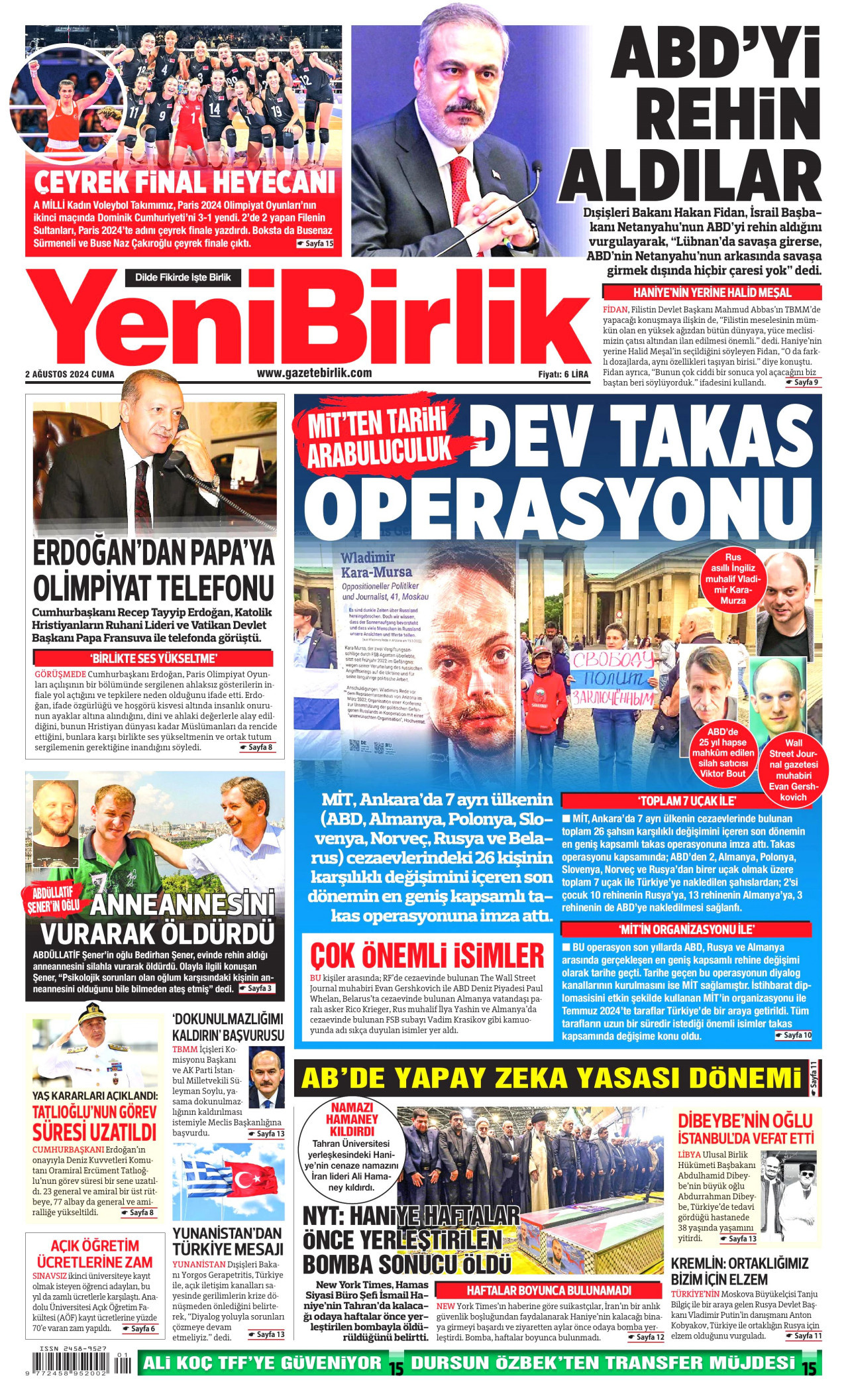 YENİBİRLİK gazetesinin 2 Ağustos 2024 tarihli birinci sayfası
