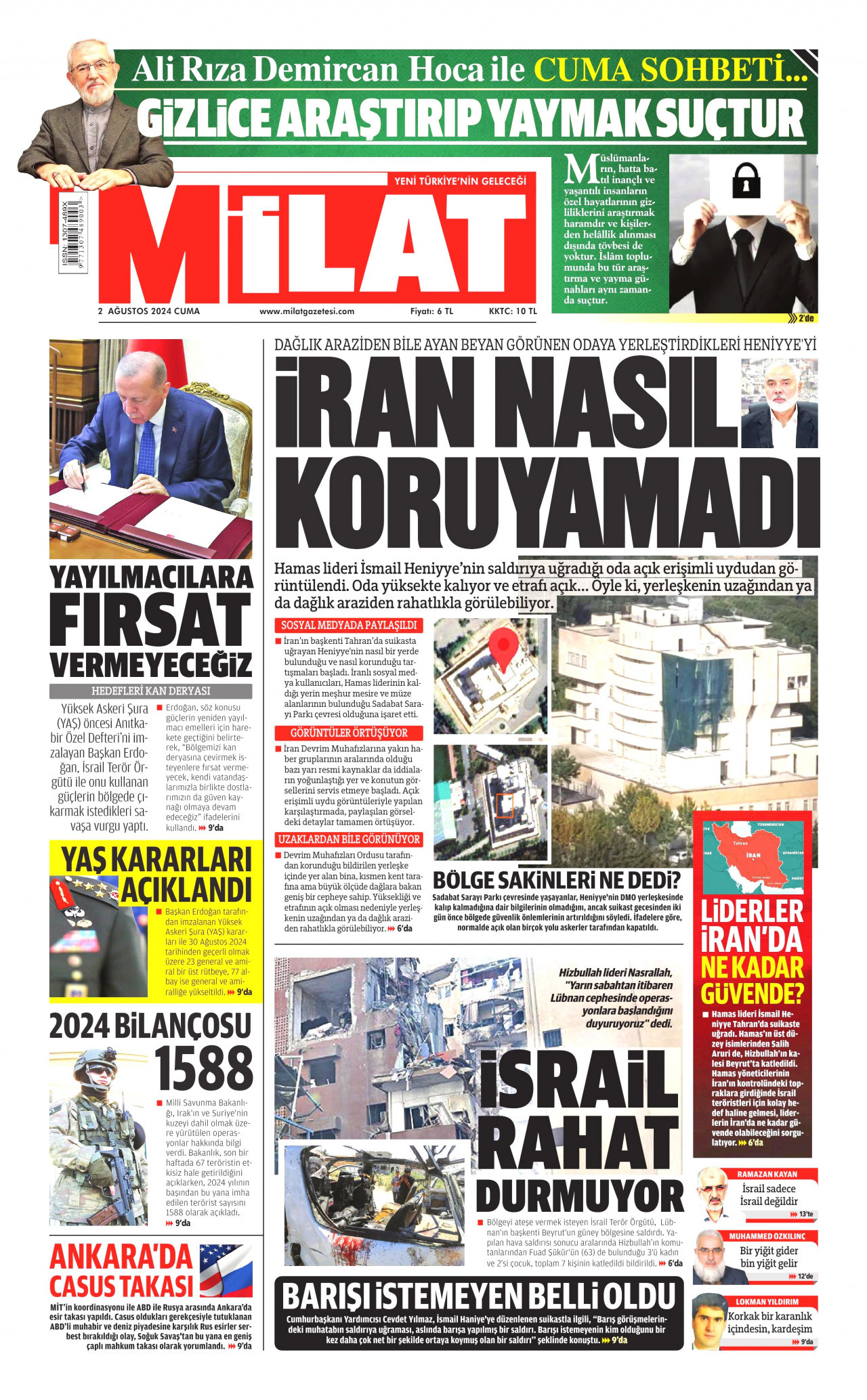 MİLAT gazetesinin 2 Ağustos 2024 tarihli birinci sayfası