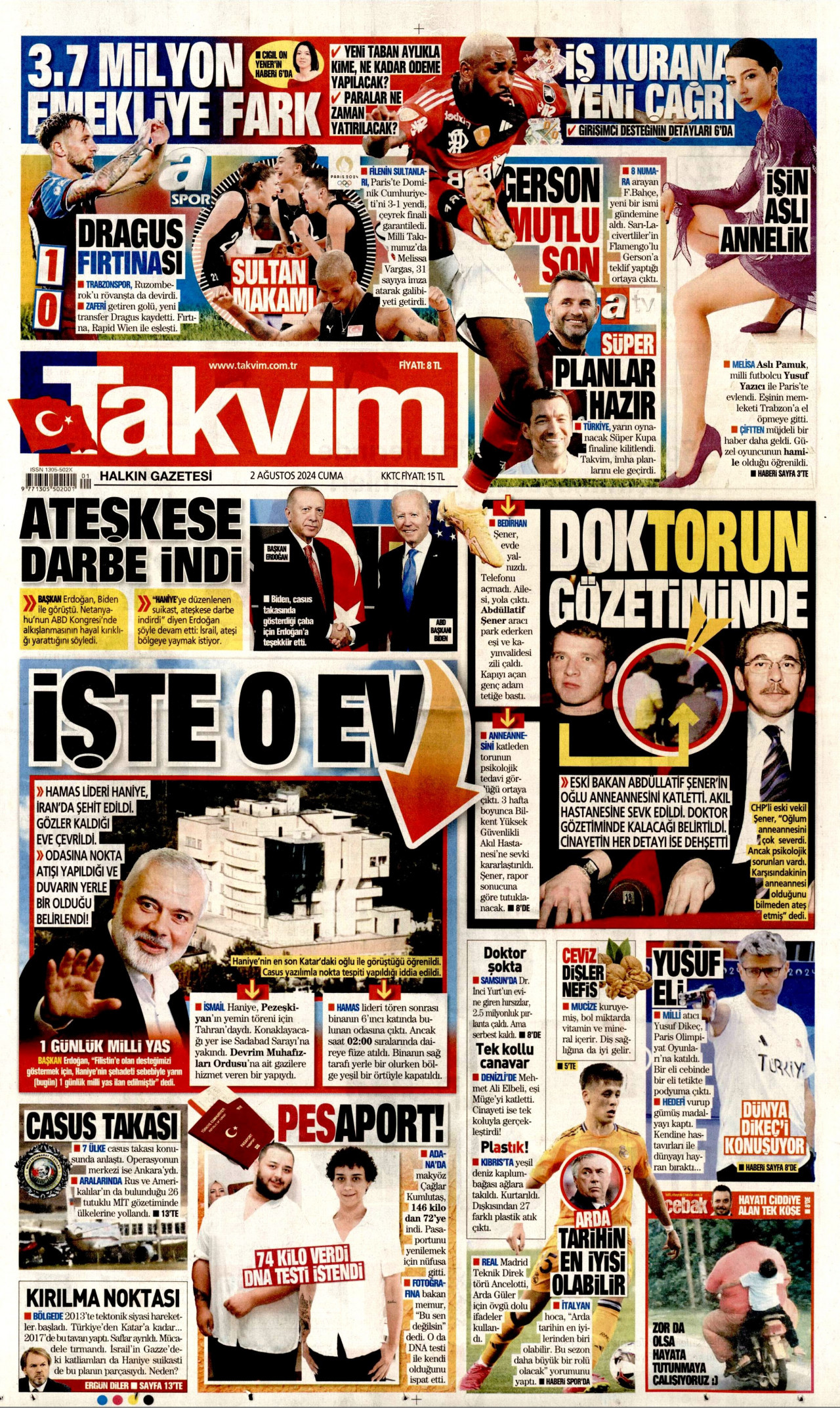 TAKVİM gazetesinin 2 Ağustos 2024 tarihli birinci sayfası