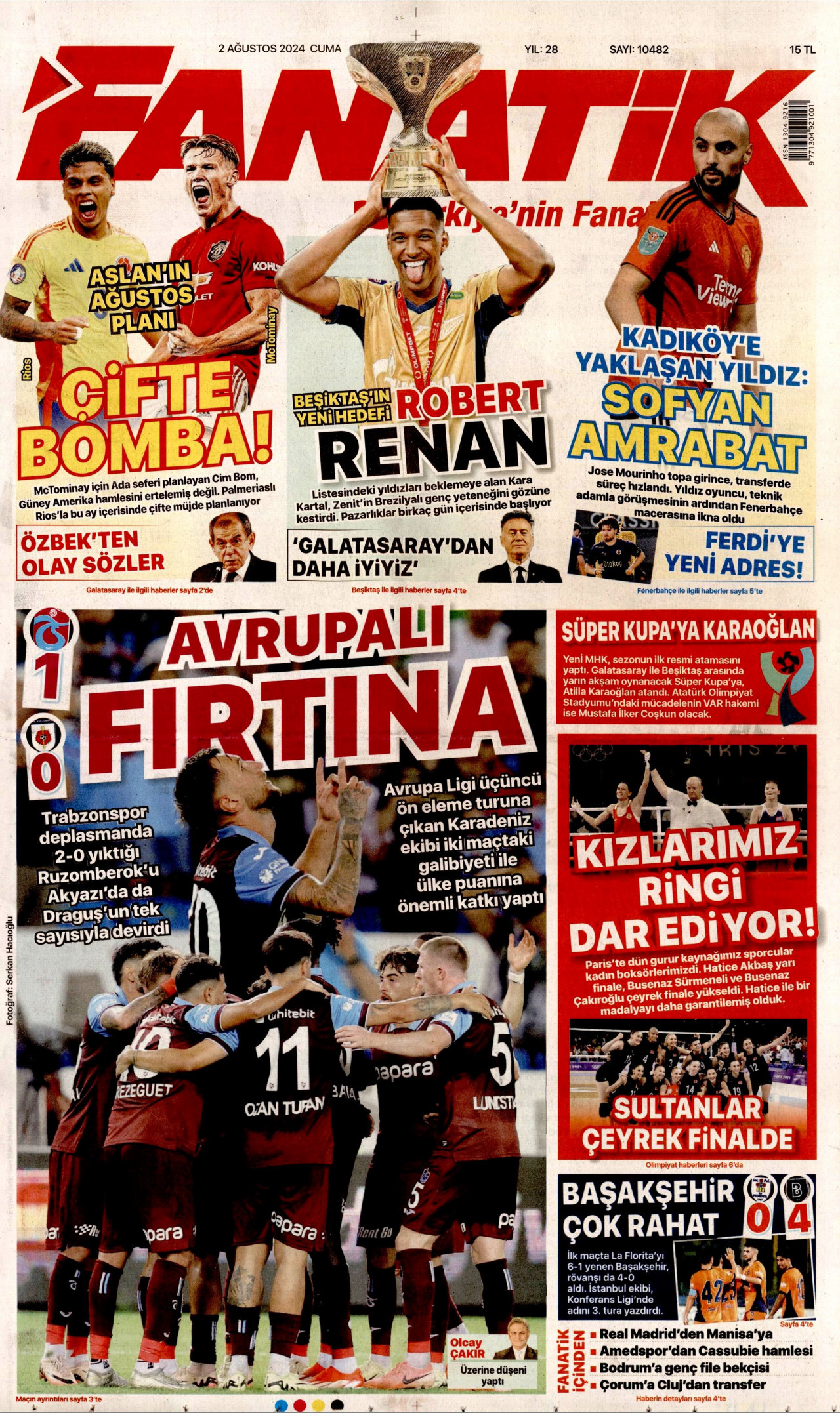 FANATİK gazetesinin 2 Ağustos 2024 tarihli birinci sayfası