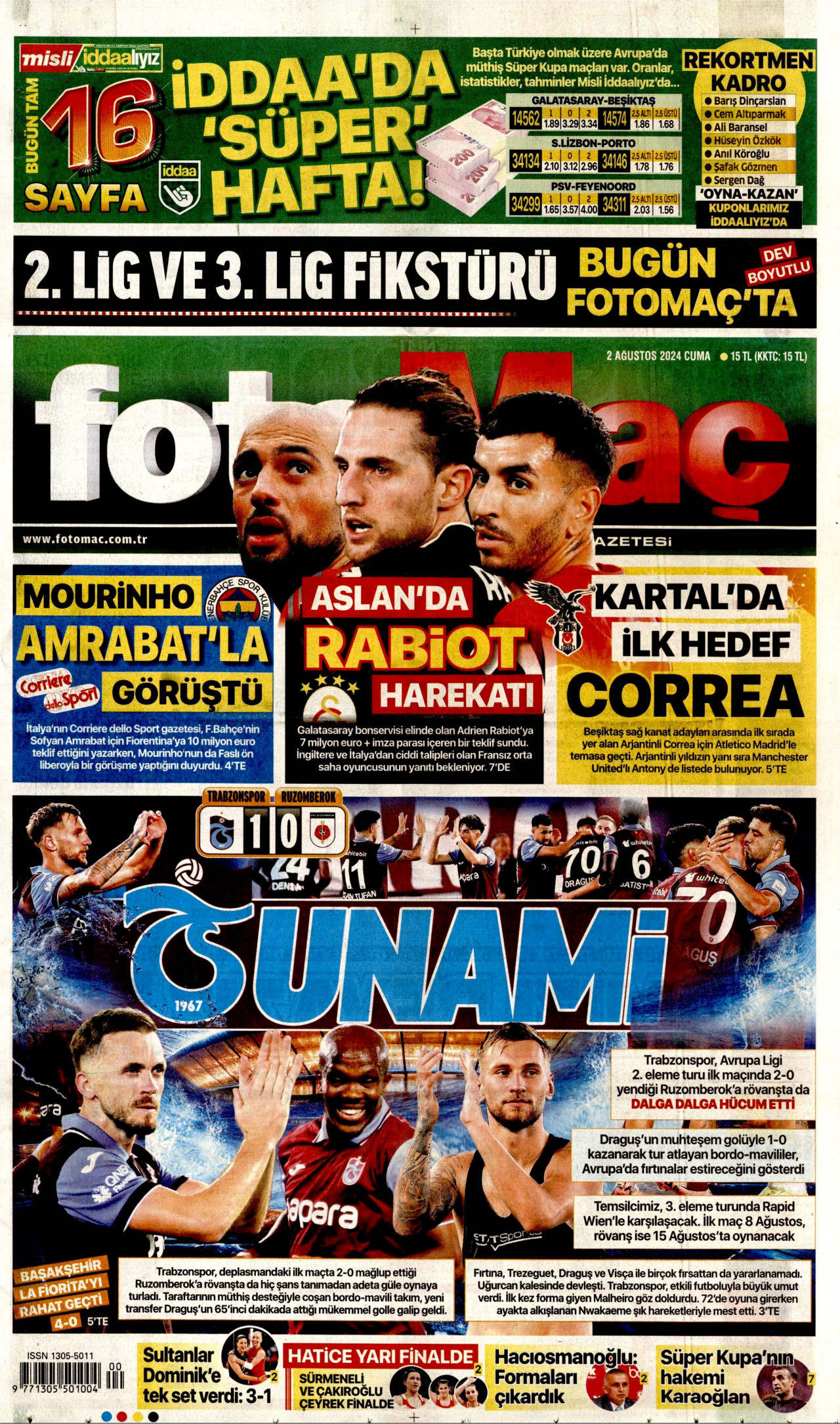 FOTOMAÇ gazetesinin 2 Ağustos 2024 tarihli birinci sayfası