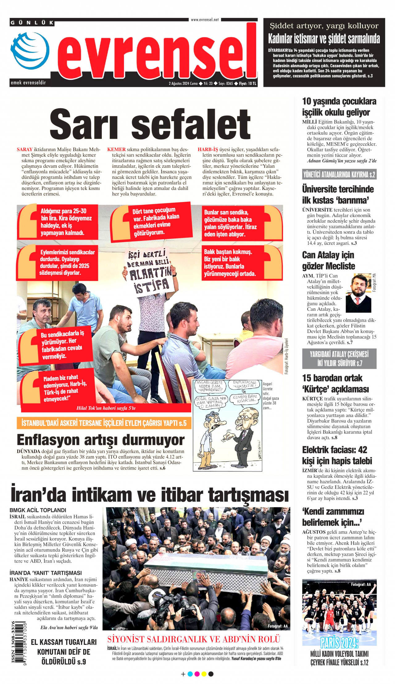EVRENSEL gazetesinin 2 Ağustos 2024 tarihli birinci sayfası