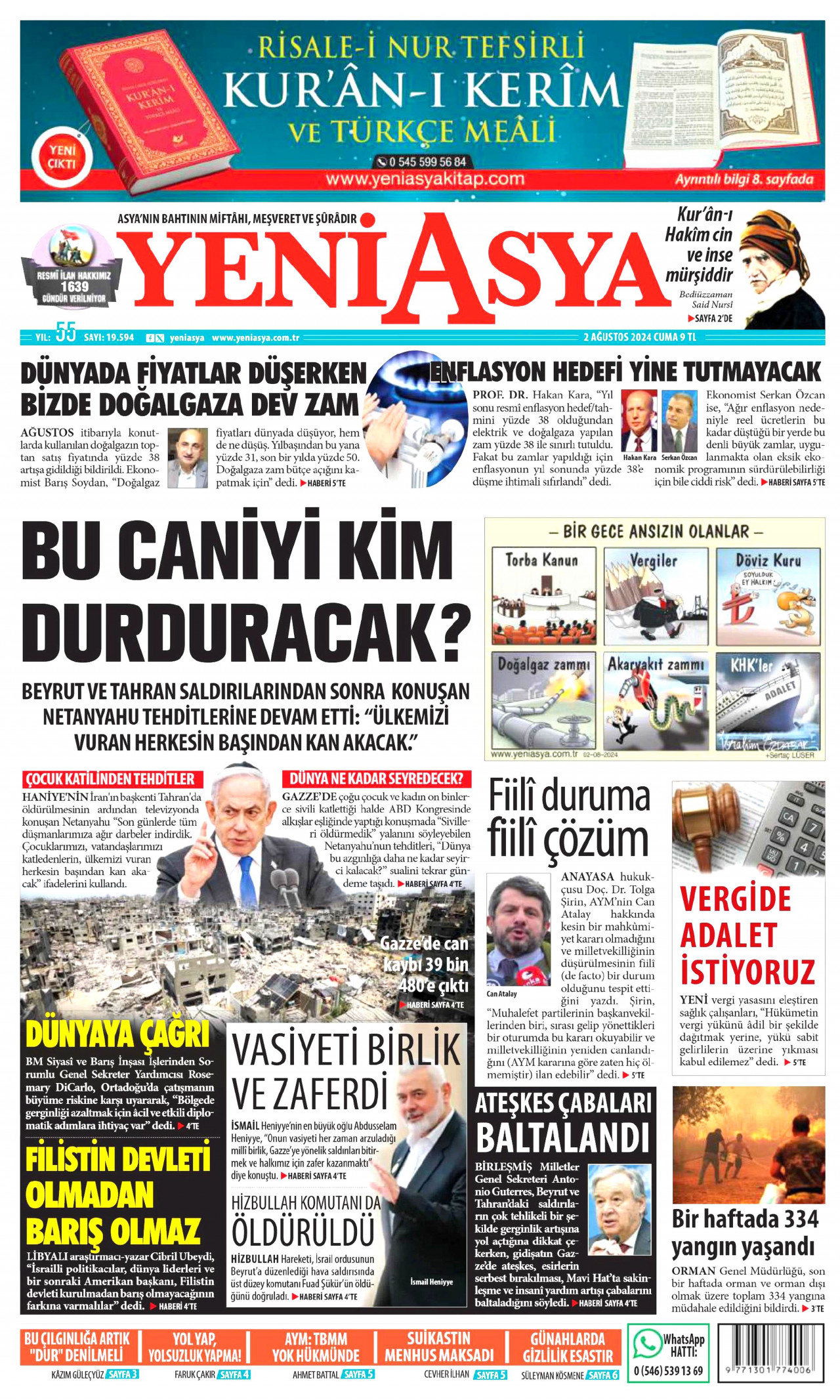 YENİ ASYA gazetesinin 2 Ağustos 2024 tarihli birinci sayfası