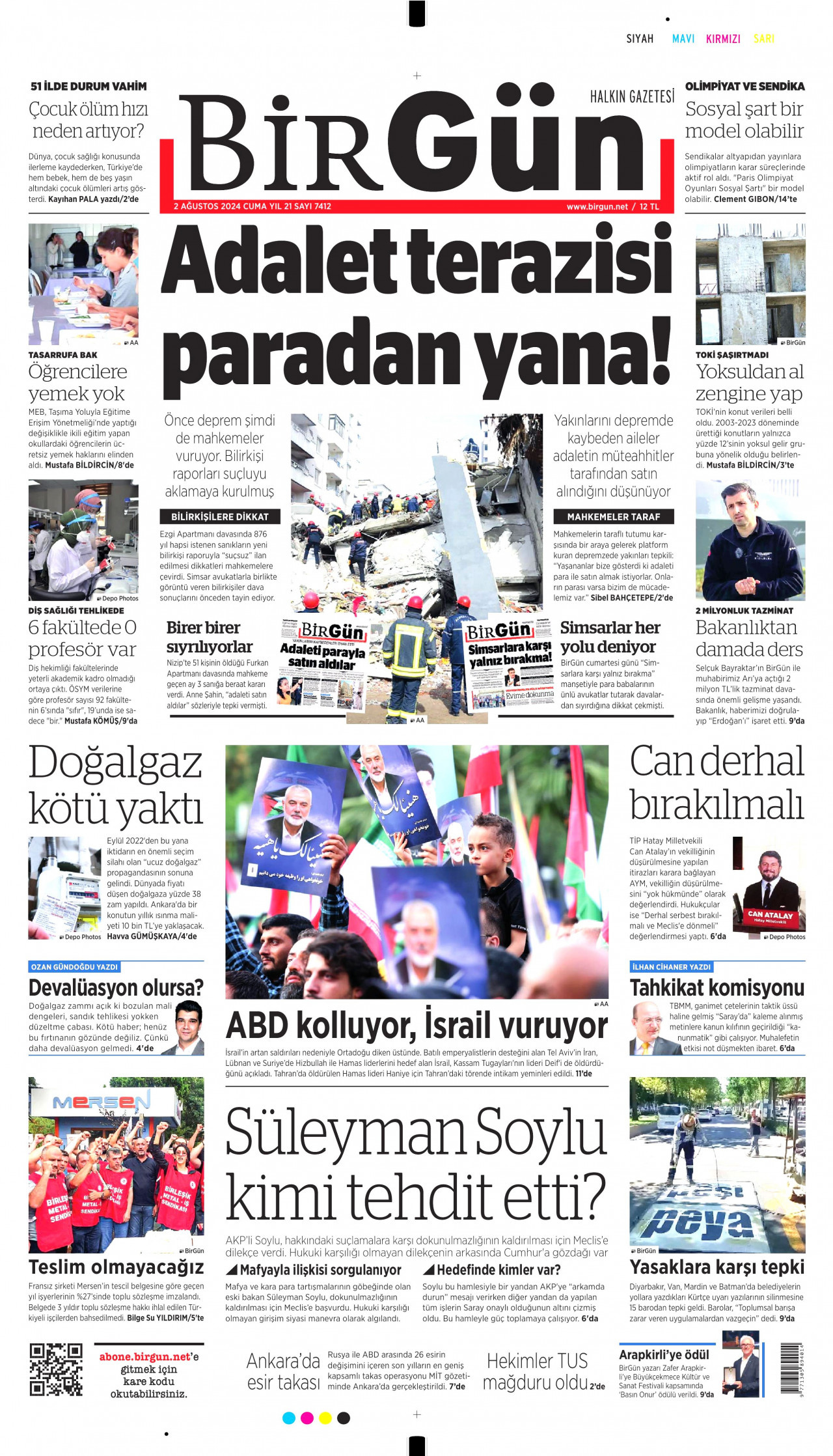 BİRGÜN gazetesinin 2 Ağustos 2024 tarihli birinci sayfası