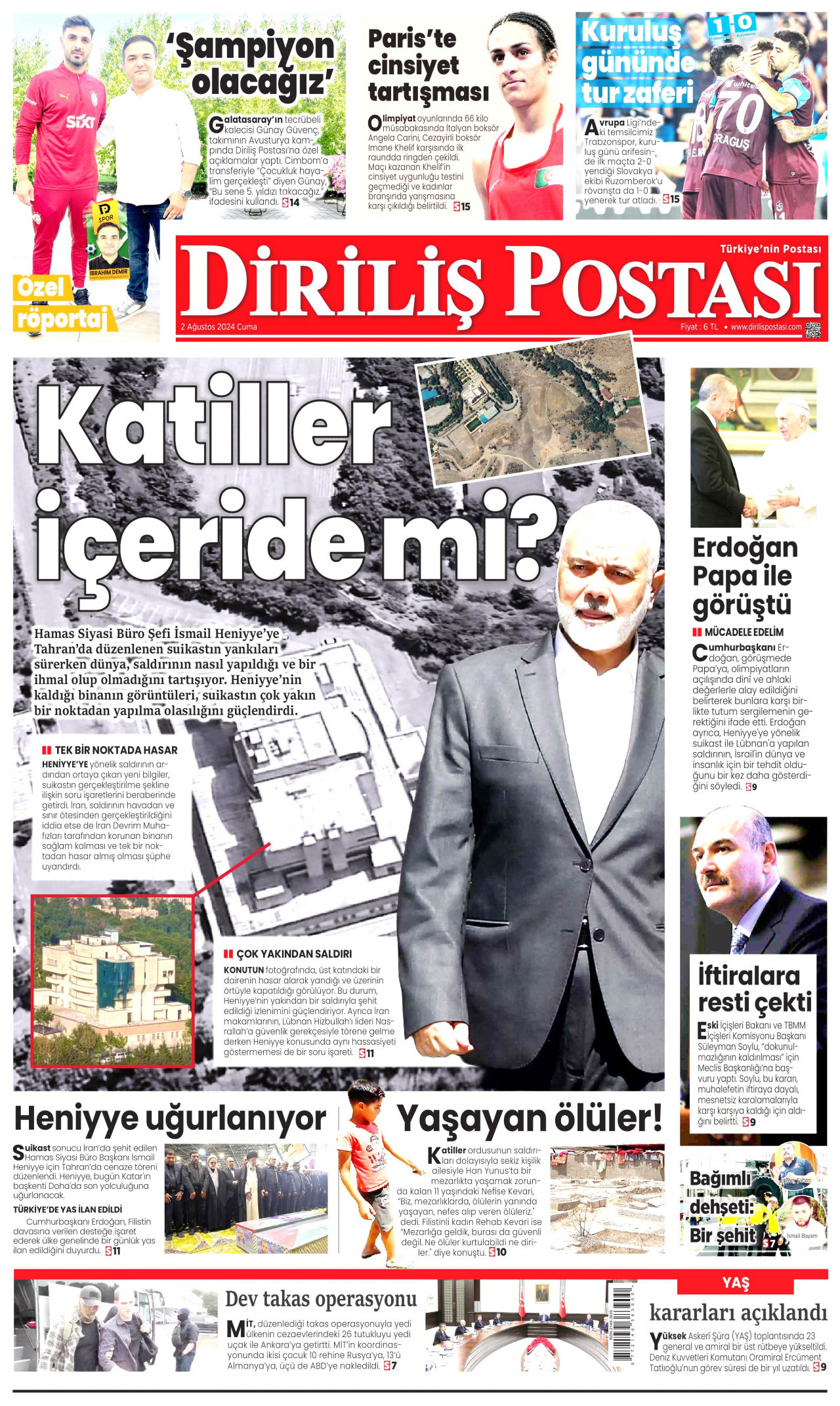 DİRİLİŞ POSTASI gazetesinin 2 Ağustos 2024 tarihli birinci sayfası