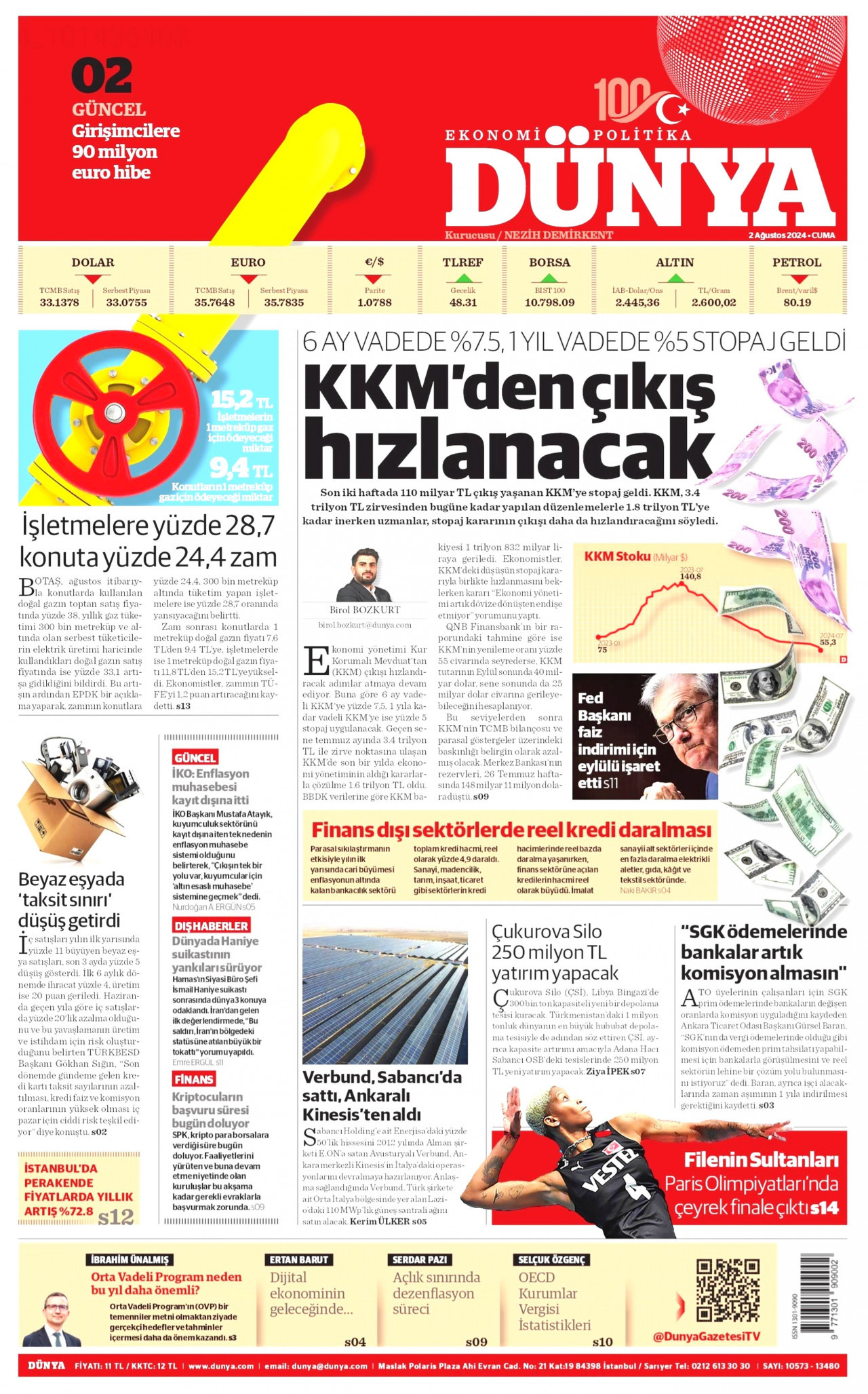 DÜNYA gazetesinin 2 Ağustos 2024 tarihli birinci sayfası
