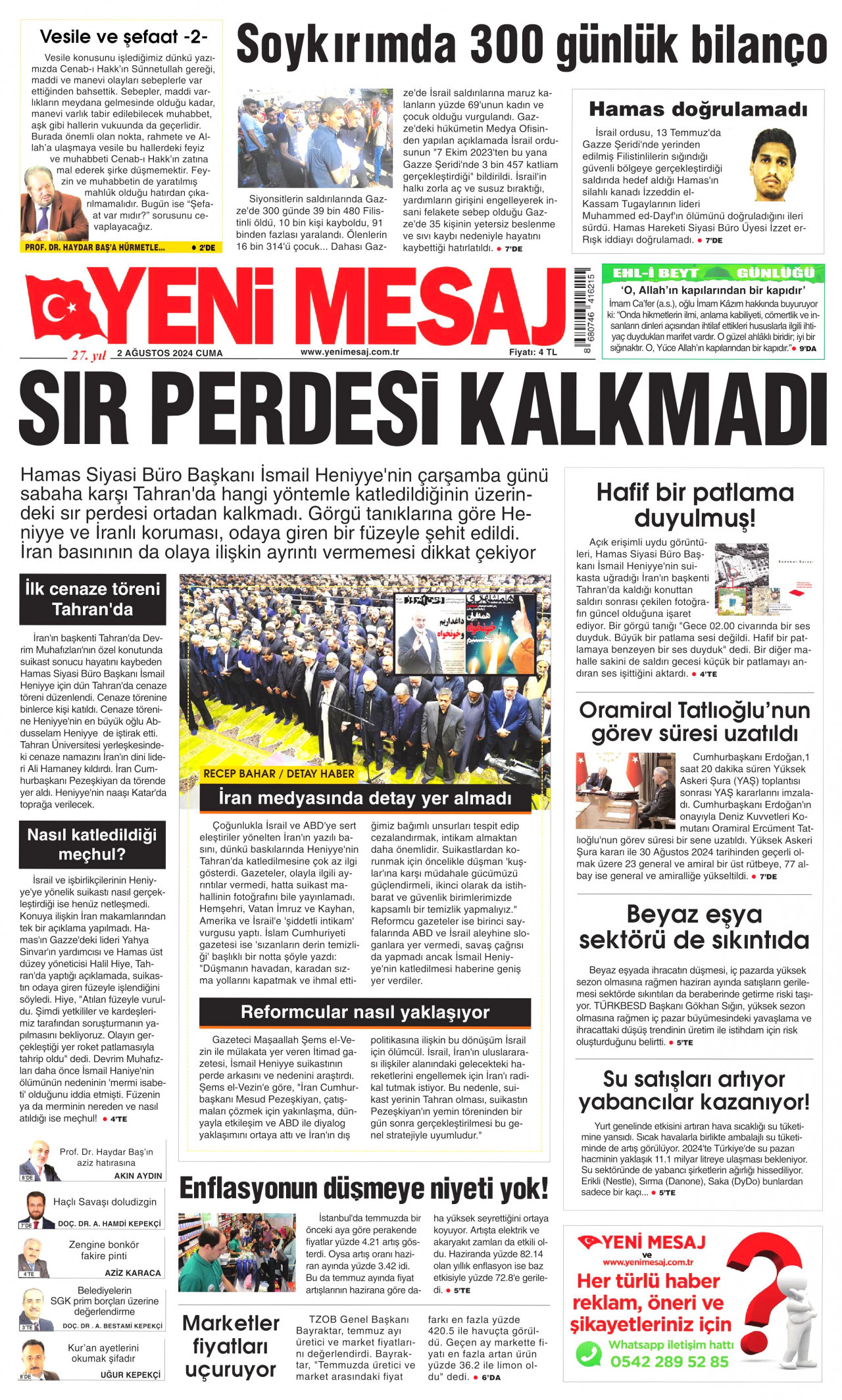 YENİ MESAJ gazetesinin 2 Ağustos 2024 tarihli birinci sayfası