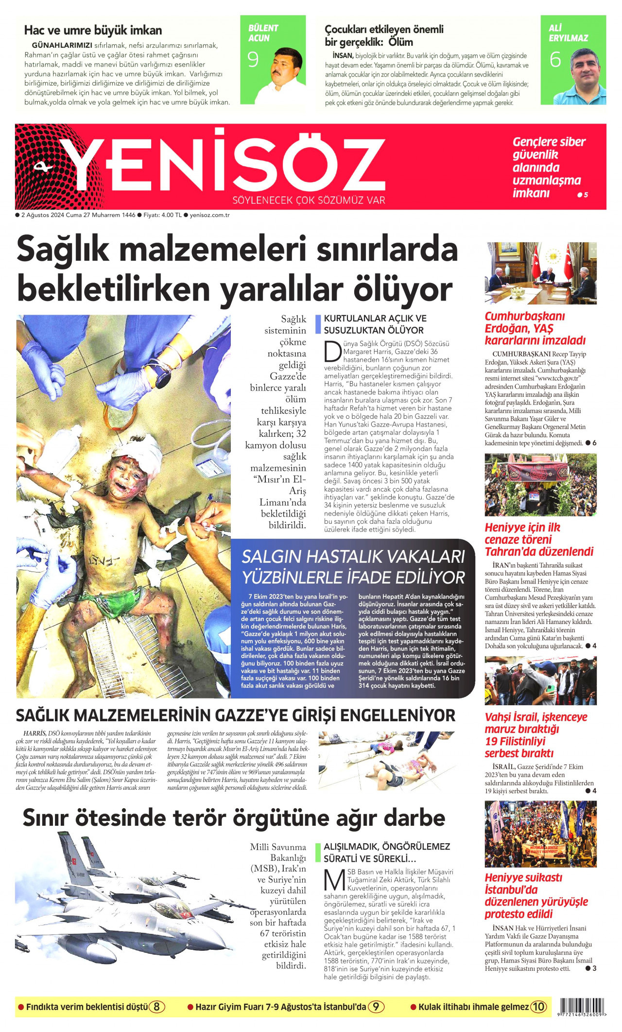 YENİ SÖZ GAZETESİ gazetesinin 2 Ağustos 2024 tarihli birinci sayfası