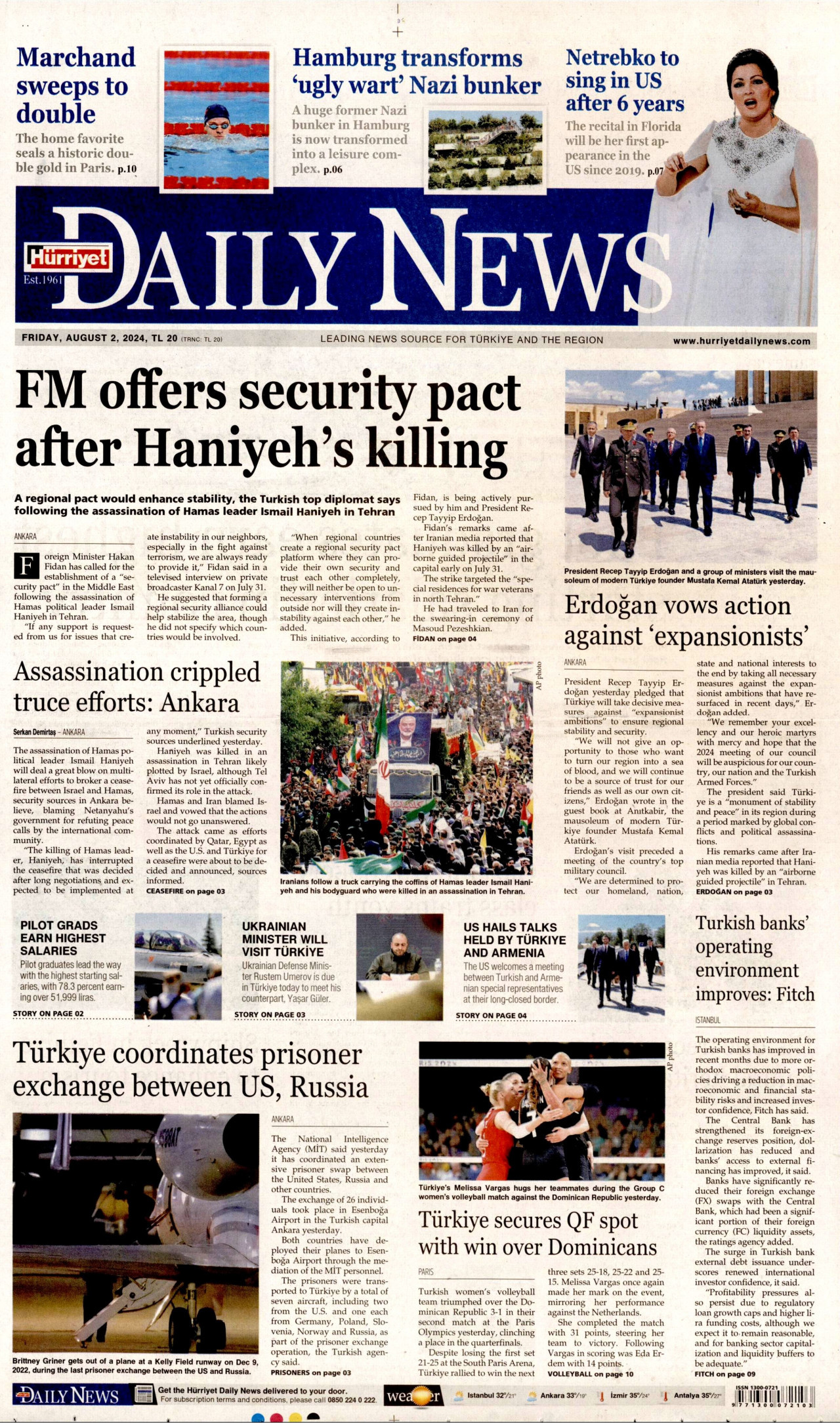 HÜRRİYET DAİLY NEWS gazetesinin 2 Ağustos 2024 tarihli birinci sayfası