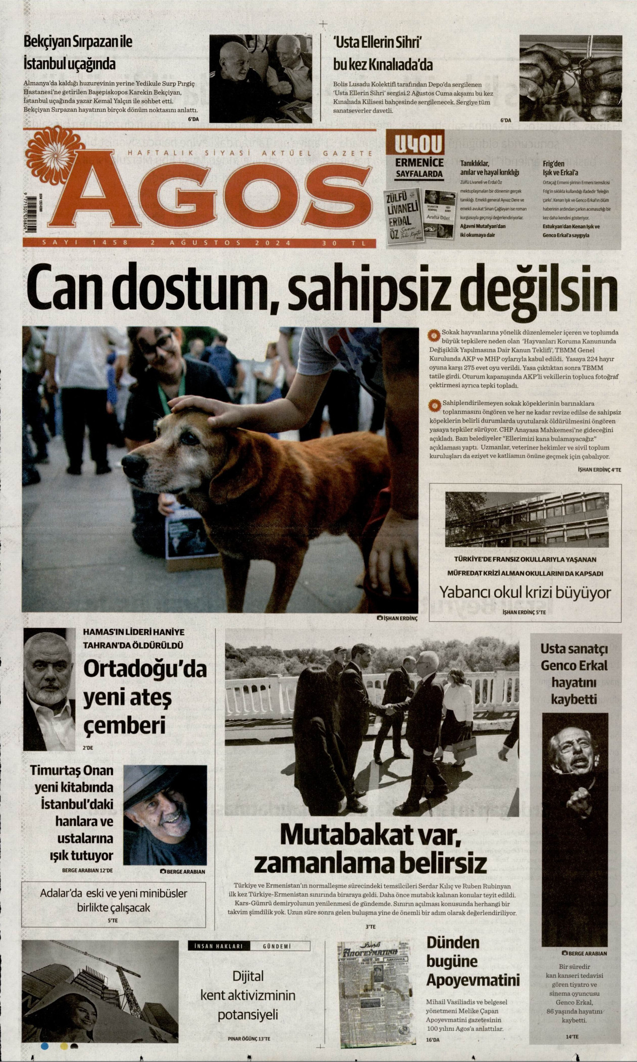 AGOS gazetesinin 2 Ağustos 2024 tarihli birinci sayfası