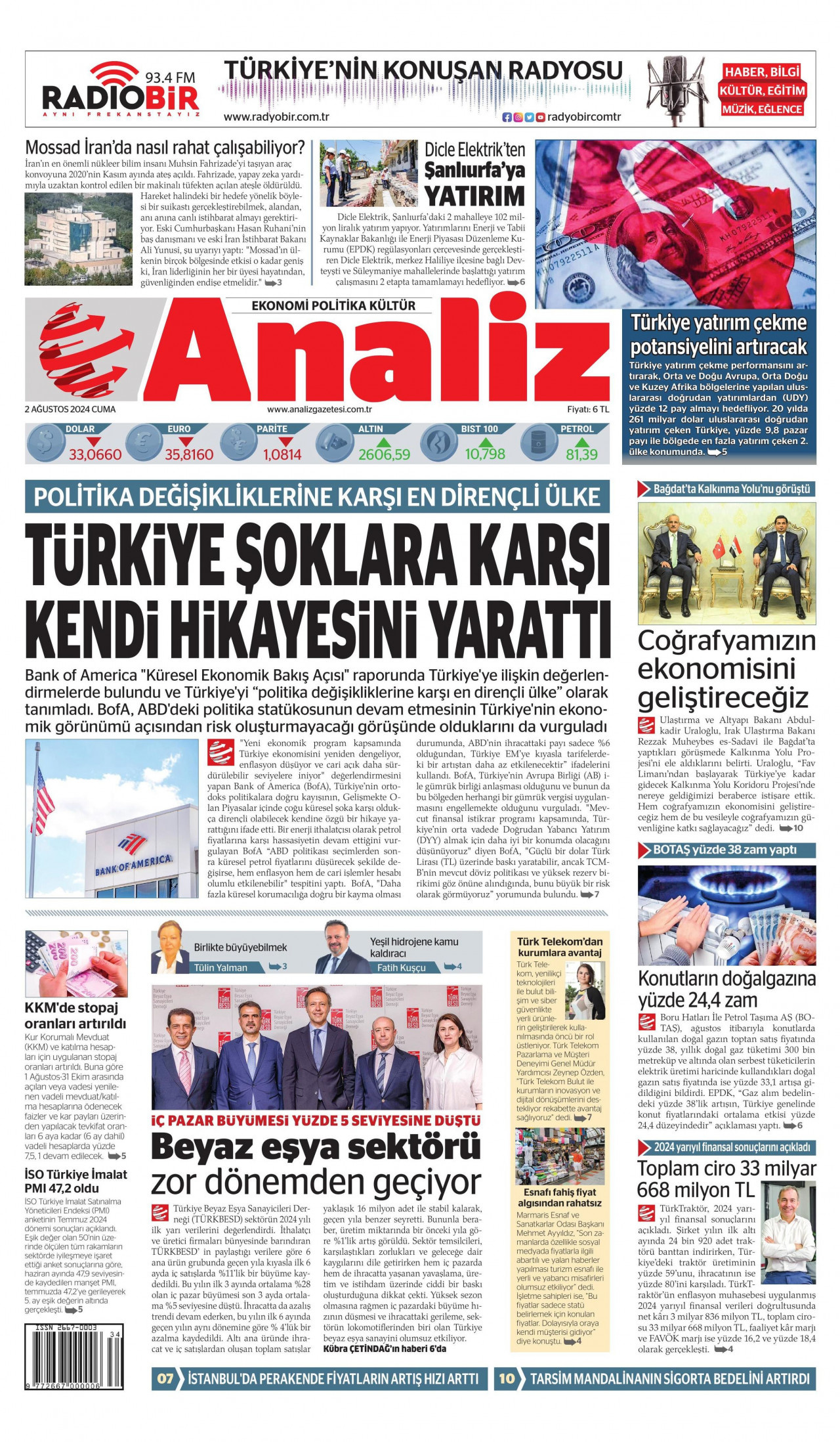 ANALİZ gazetesinin 2 Ağustos 2024 tarihli birinci sayfası