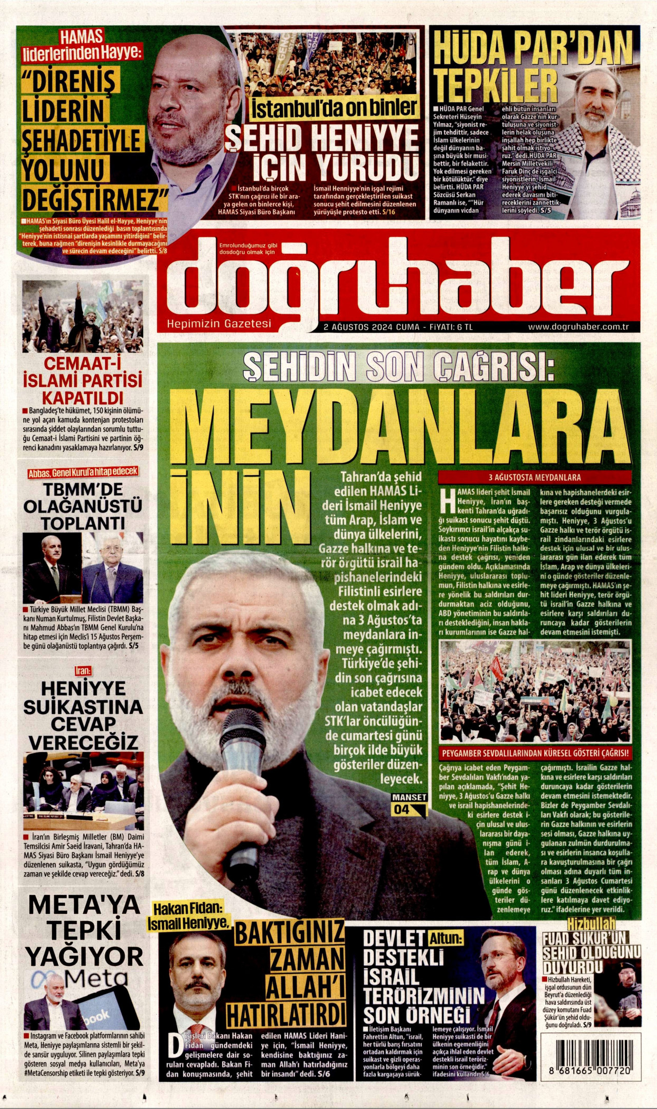DOĞRU HABER gazetesinin 2 Ağustos 2024 tarihli birinci sayfası