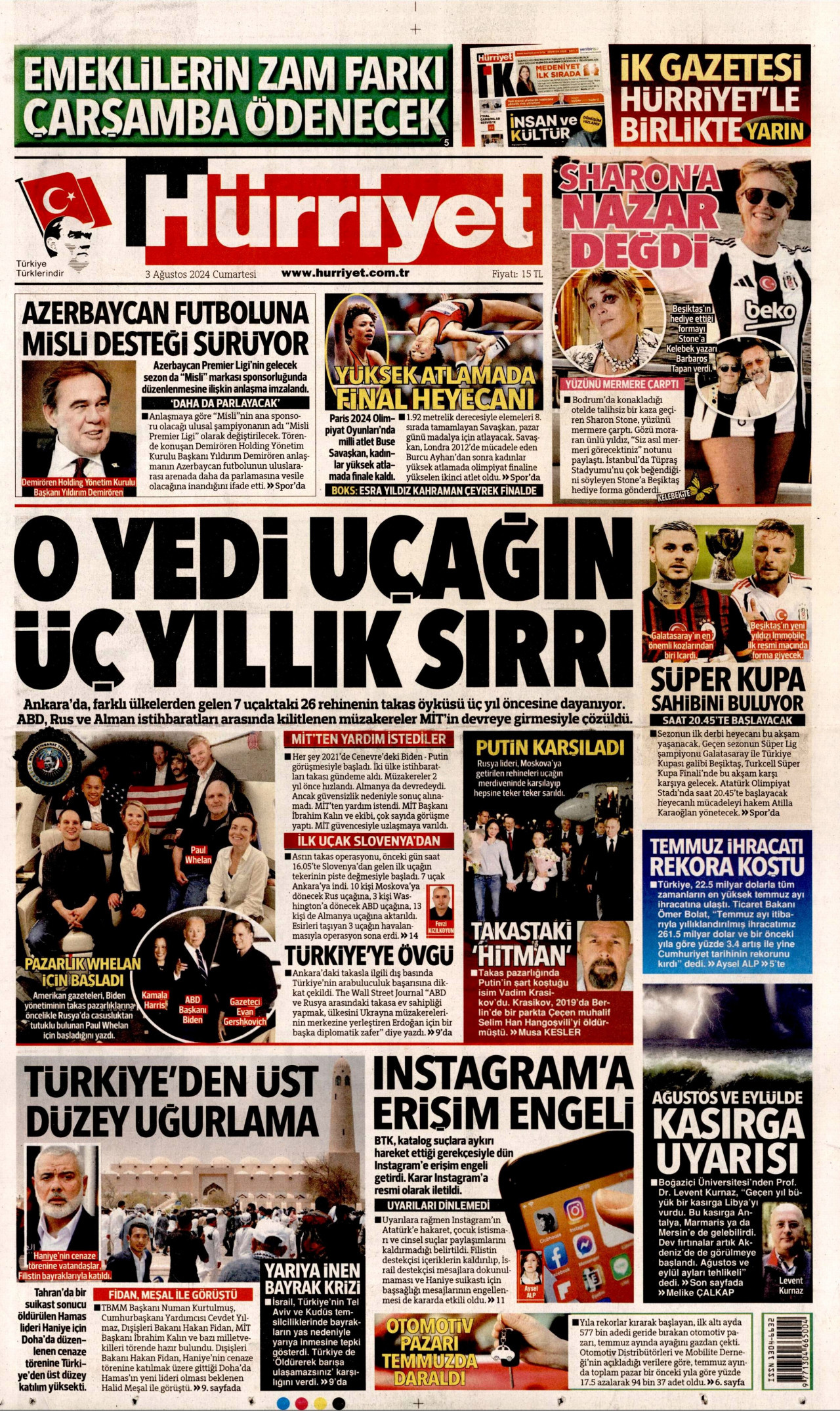HÜRRİYET gazetesinin 3 Ağustos 2024 tarihli birinci sayfası