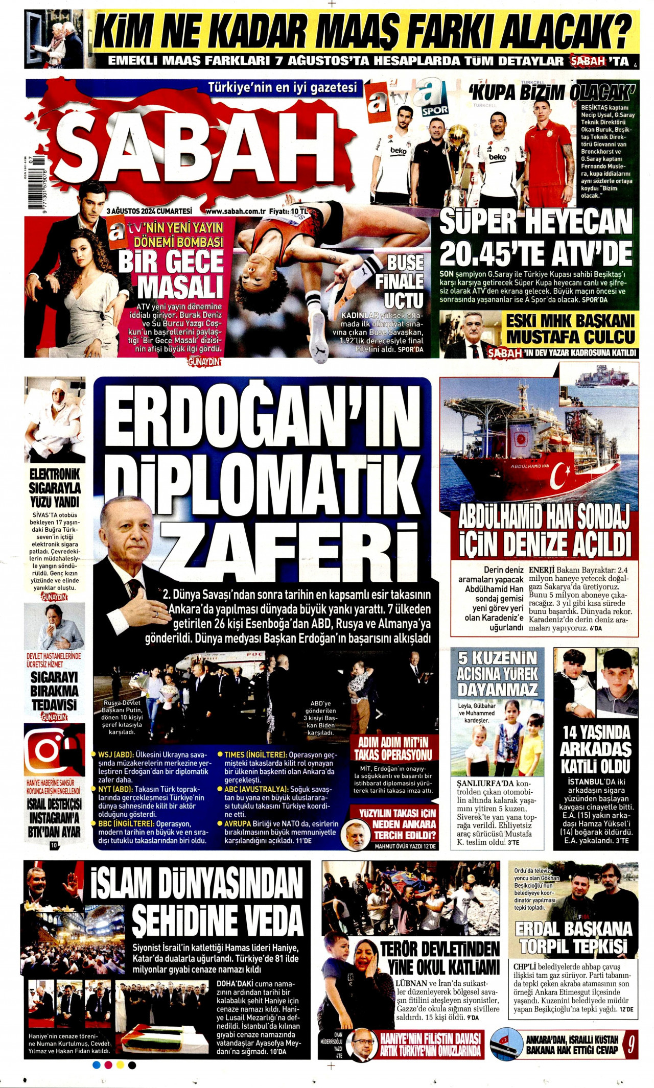 SABAH gazetesinin 3 Ağustos 2024 tarihli birinci sayfası