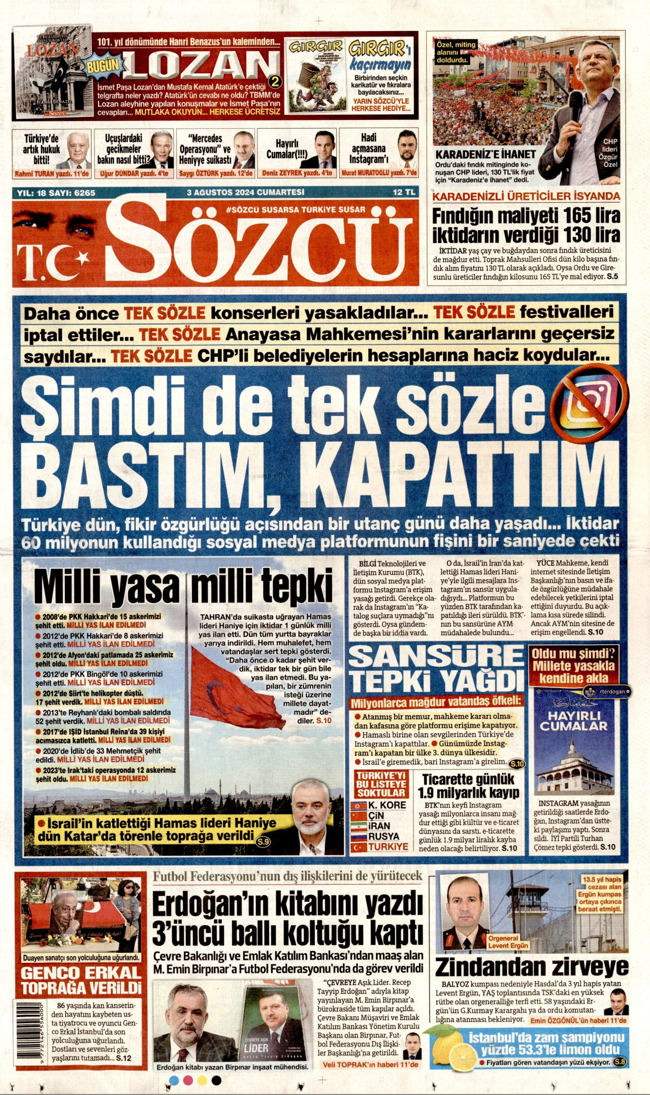 SÖZCÜ gazetesinin 3 Ağustos 2024 tarihli birinci sayfası