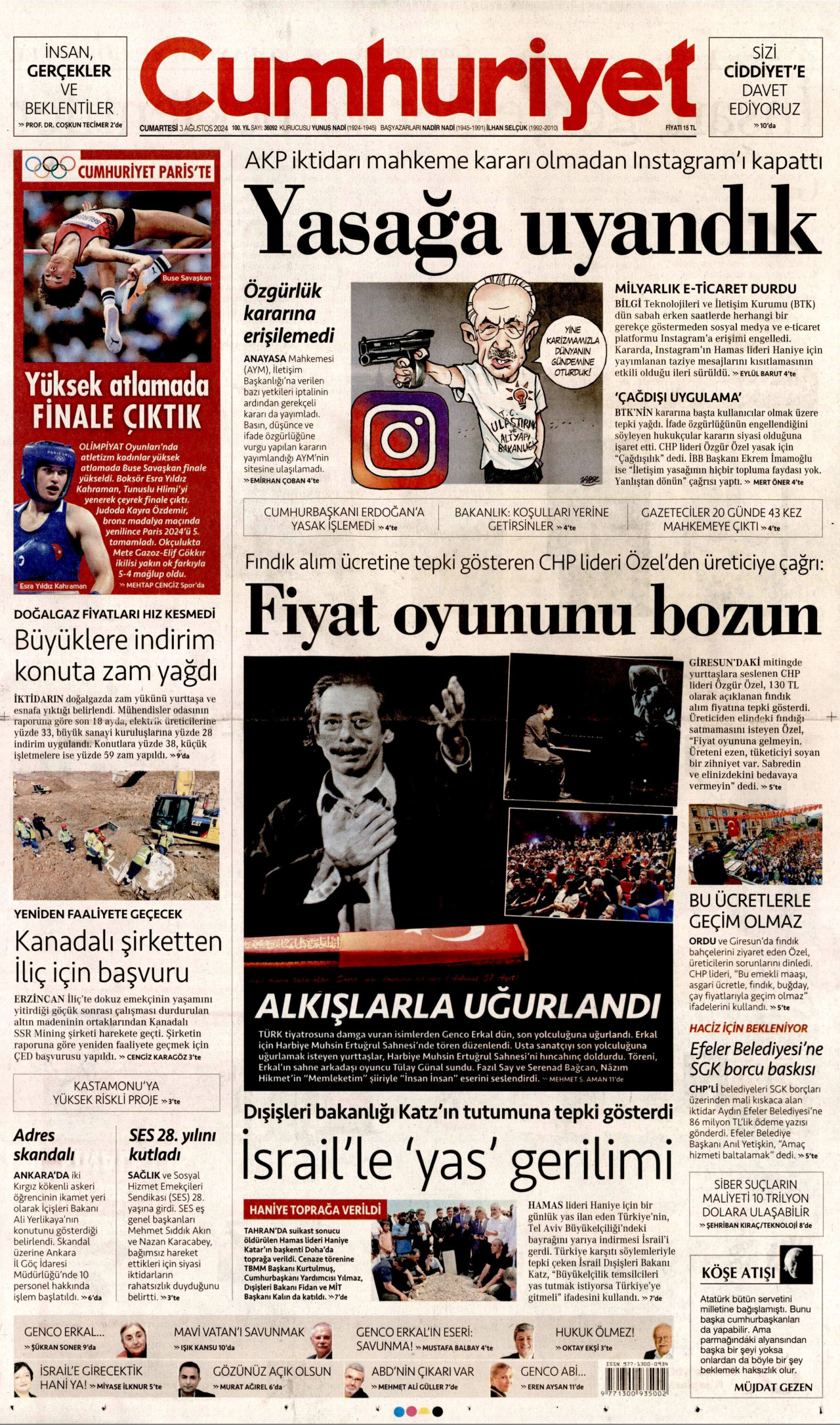 CUMHURİYET gazetesinin 3 Ağustos 2024 tarihli birinci sayfası
