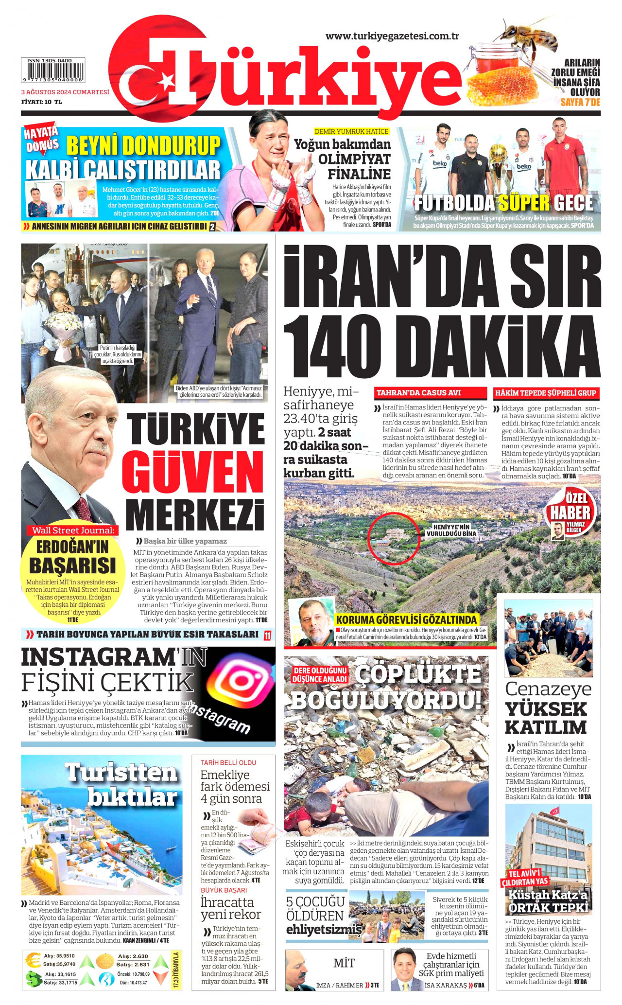 TÜRKİYE GAZETESİ gazetesinin 3 Ağustos 2024 tarihli birinci sayfası