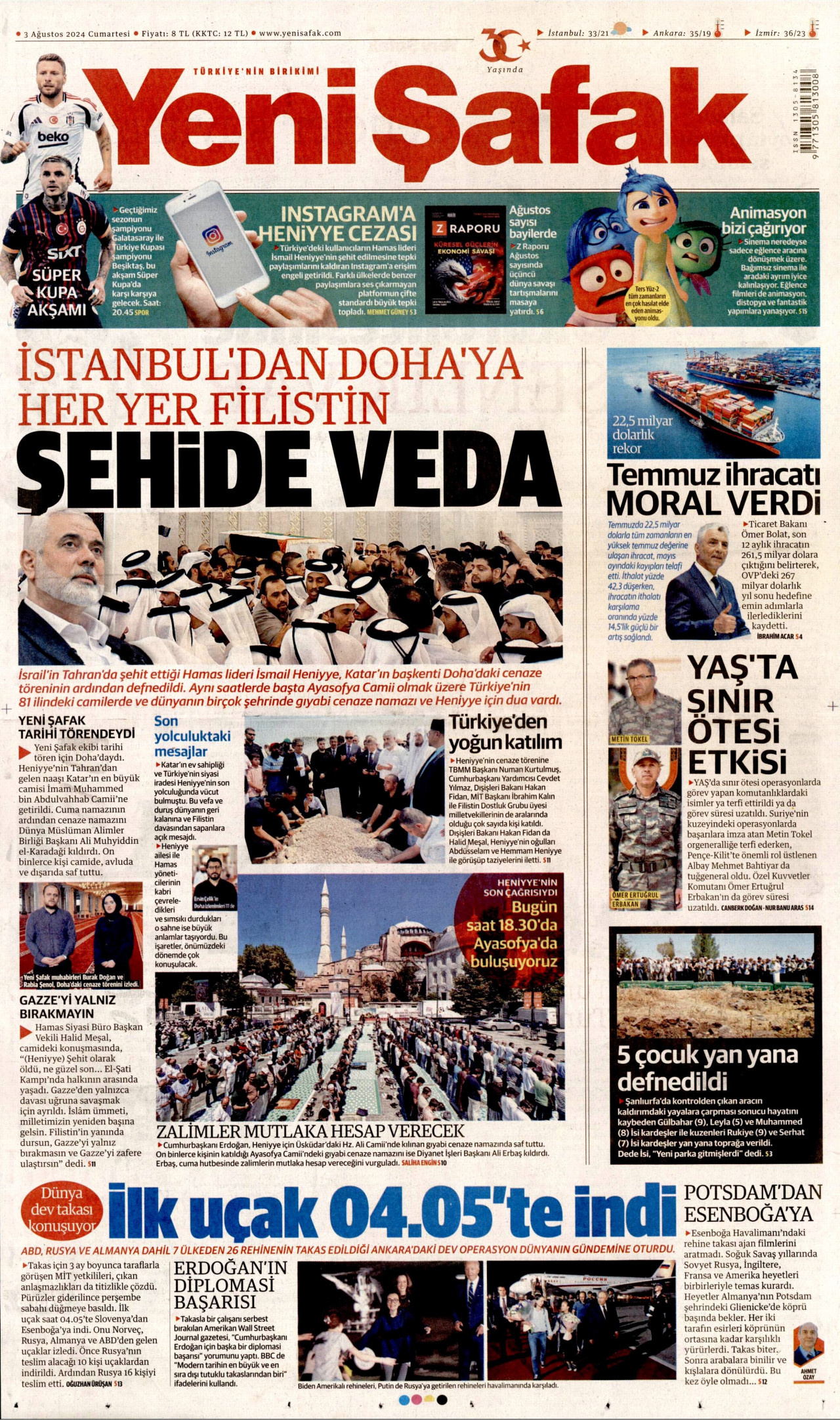 YENİ ŞAFAK gazetesinin 3 Ağustos 2024 tarihli birinci sayfası