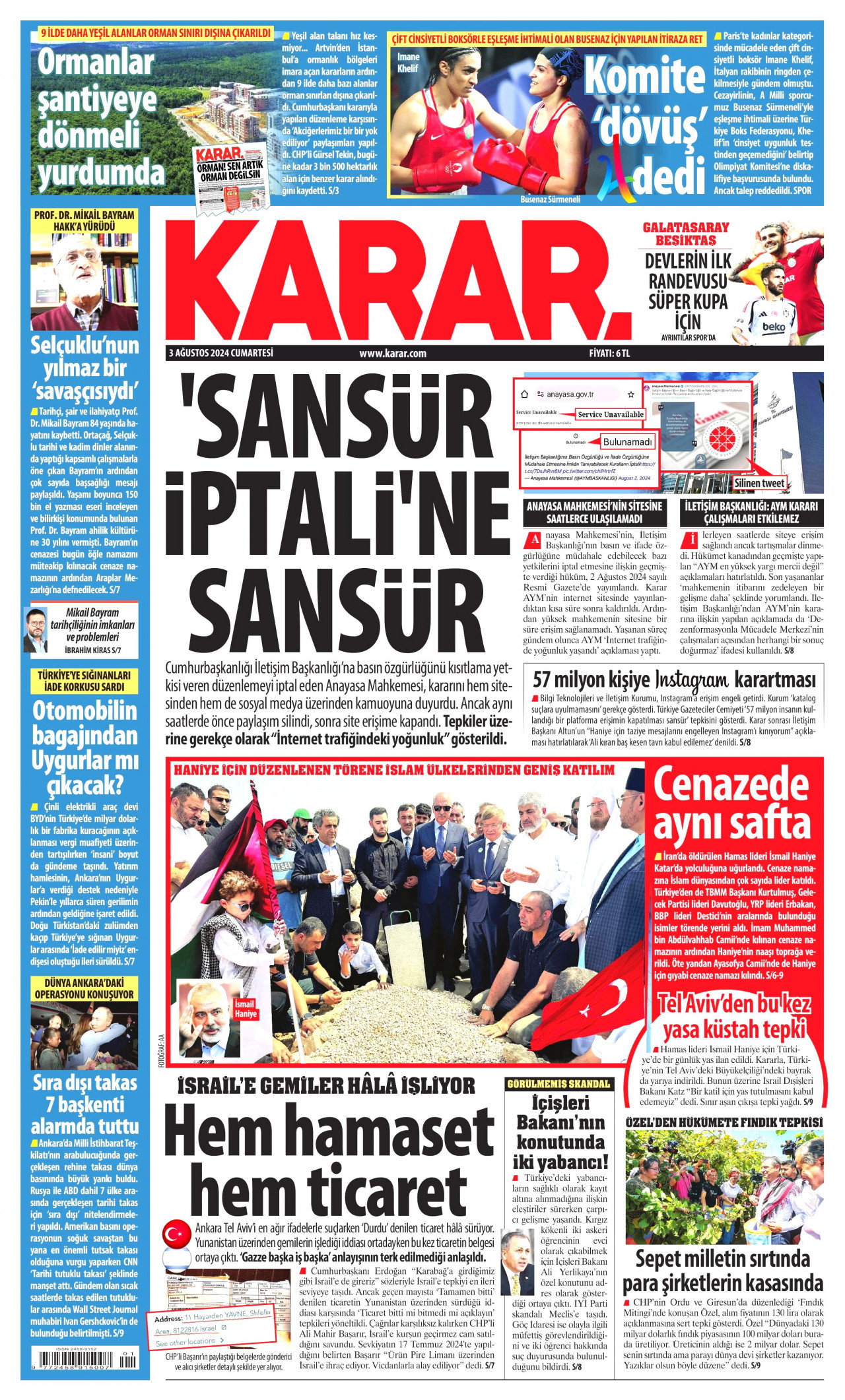 KARAR gazetesinin 3 Ağustos 2024 tarihli birinci sayfası