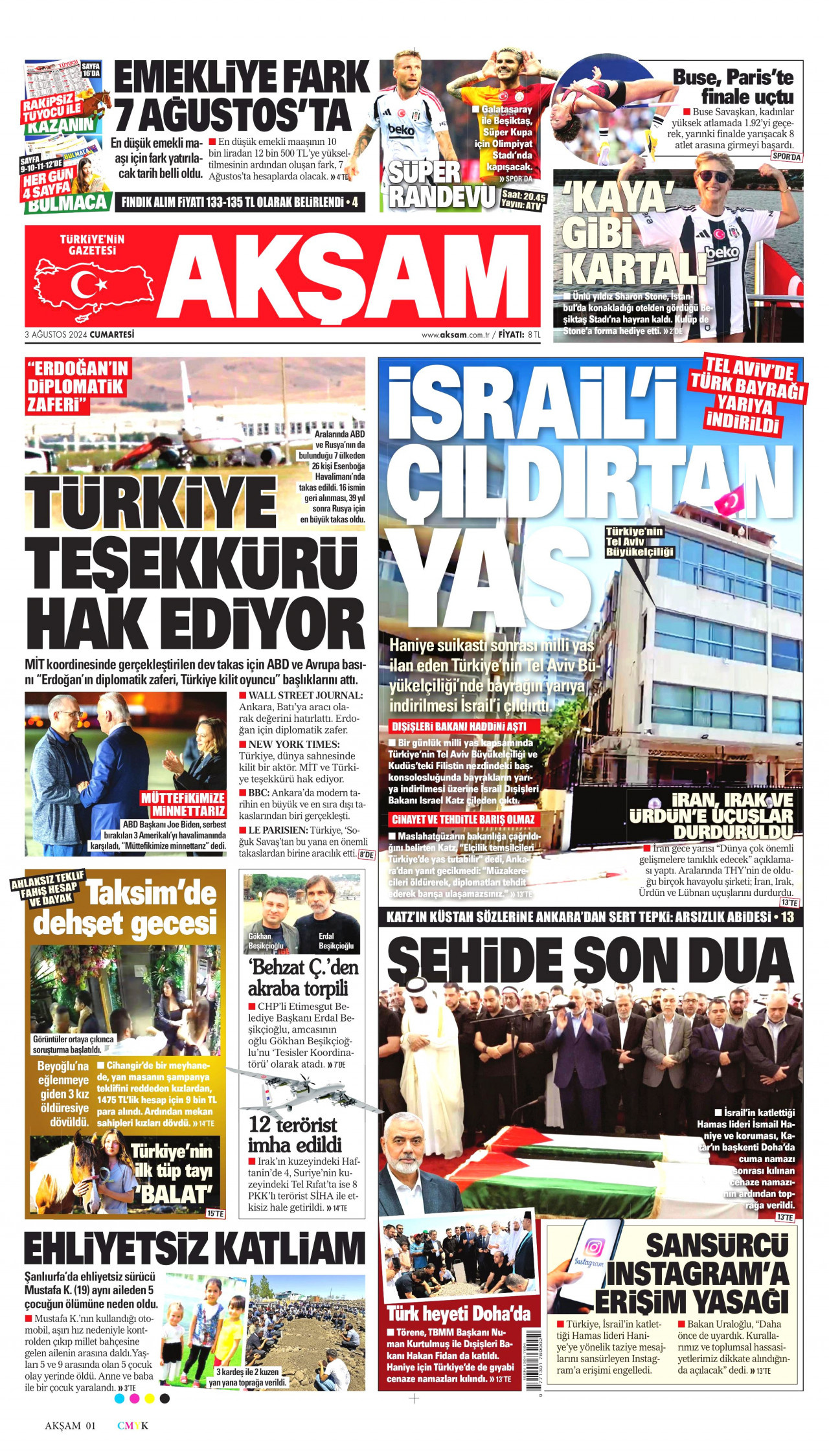 AKŞAM gazetesinin 3 Ağustos 2024 tarihli birinci sayfası
