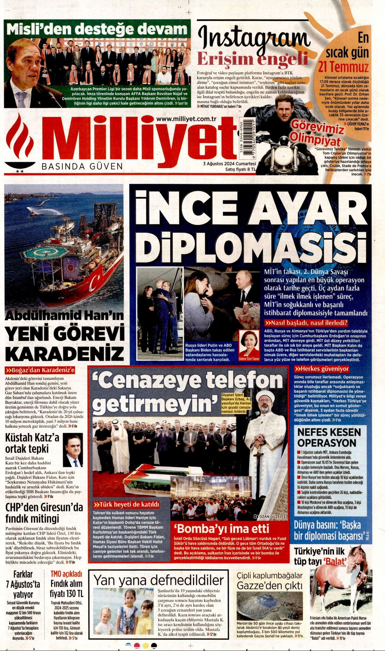 MİLLİYET gazetesinin 3 Ağustos 2024 tarihli birinci sayfası
