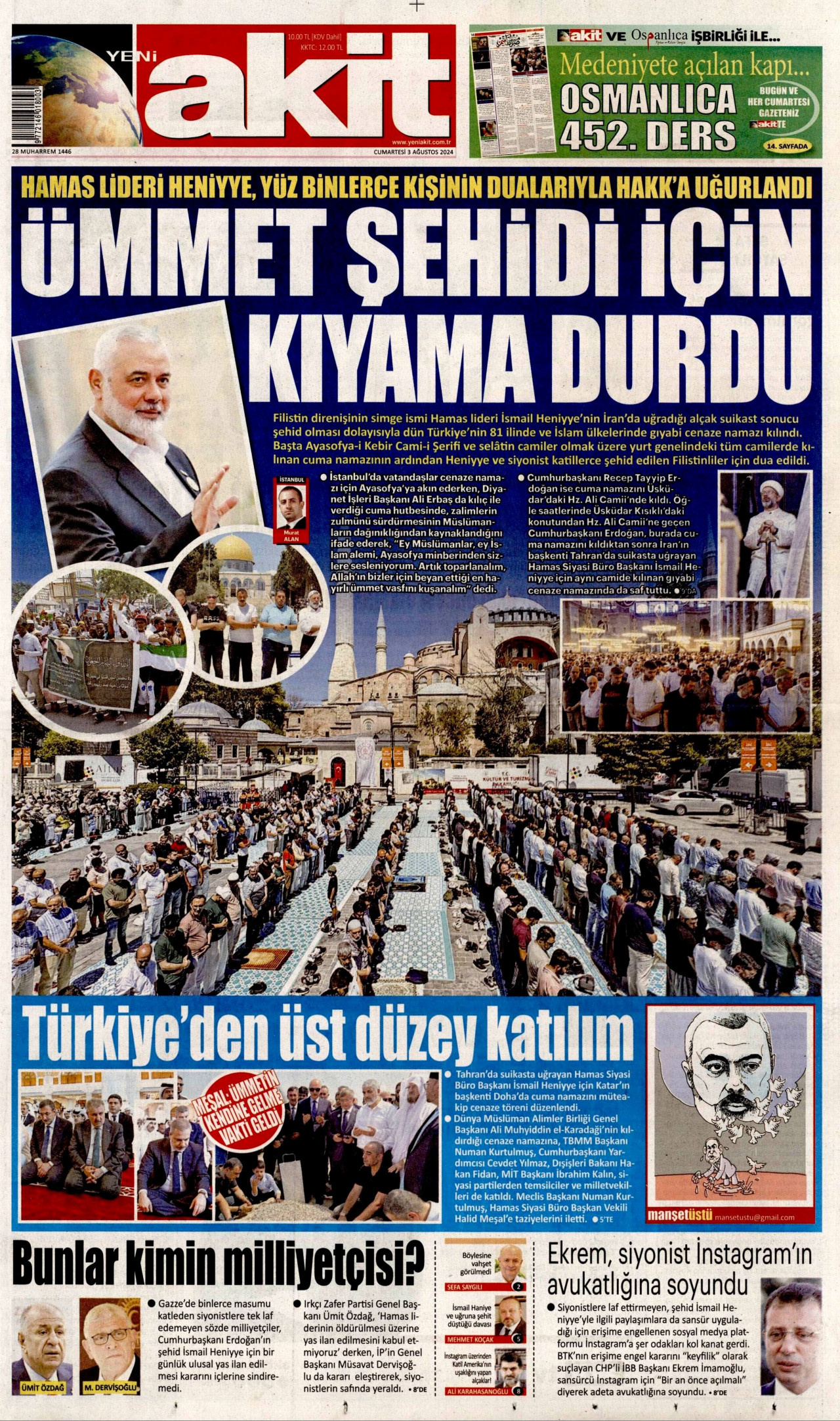 YENİ AKİT gazetesinin 3 Ağustos 2024 tarihli birinci sayfası