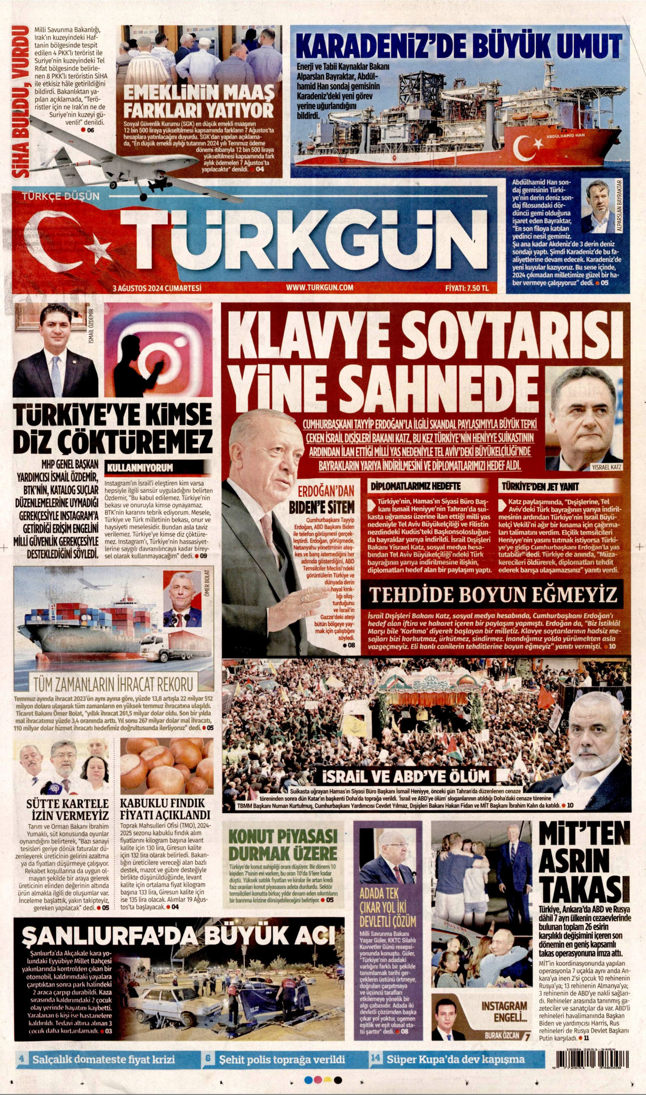 TÜRKGÜN gazetesinin 3 Ağustos 2024 tarihli birinci sayfası