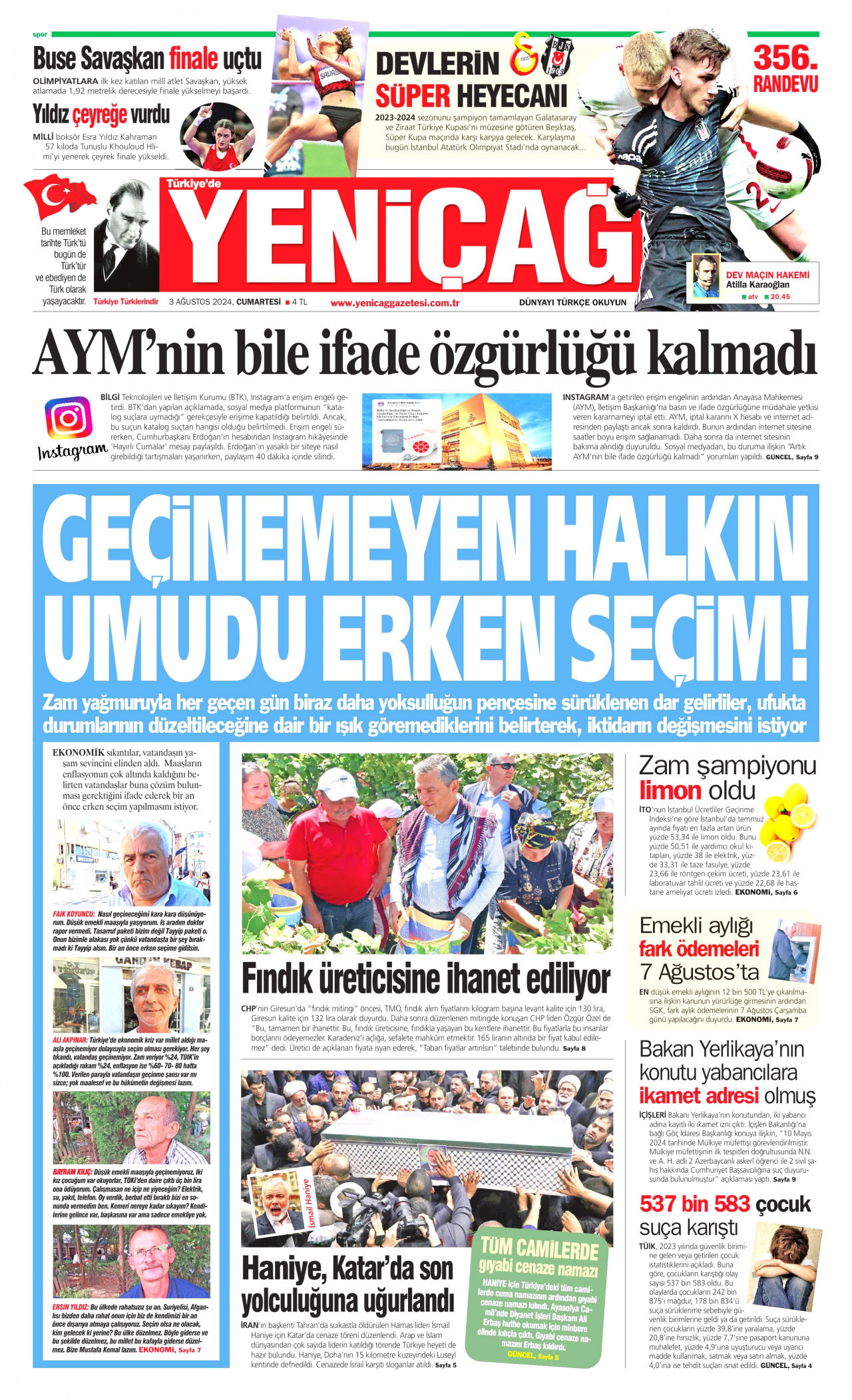 YENİÇAĞ gazetesinin 3 Ağustos 2024 tarihli birinci sayfası