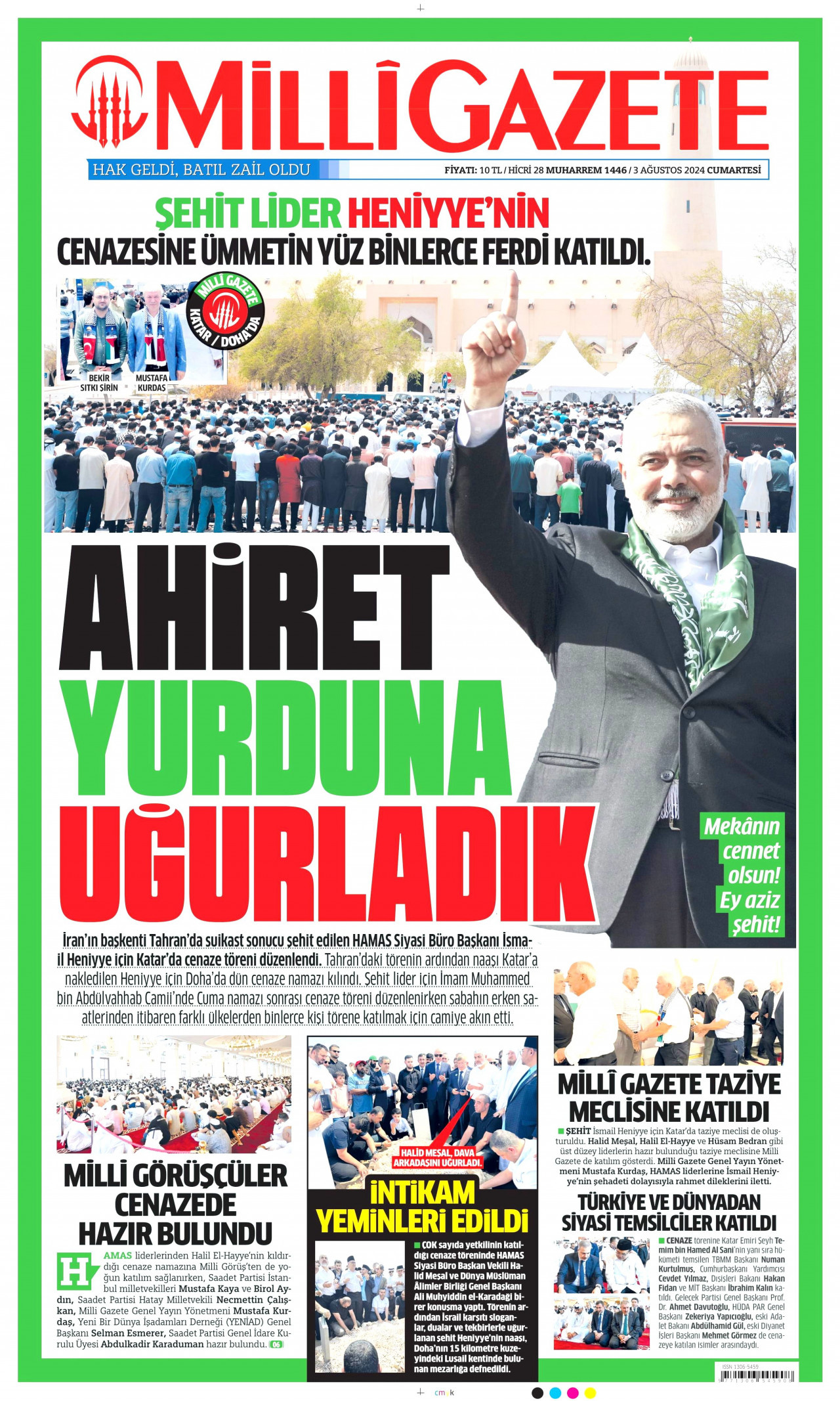 MİLLİ GAZETE gazetesinin 3 Ağustos 2024 tarihli birinci sayfası