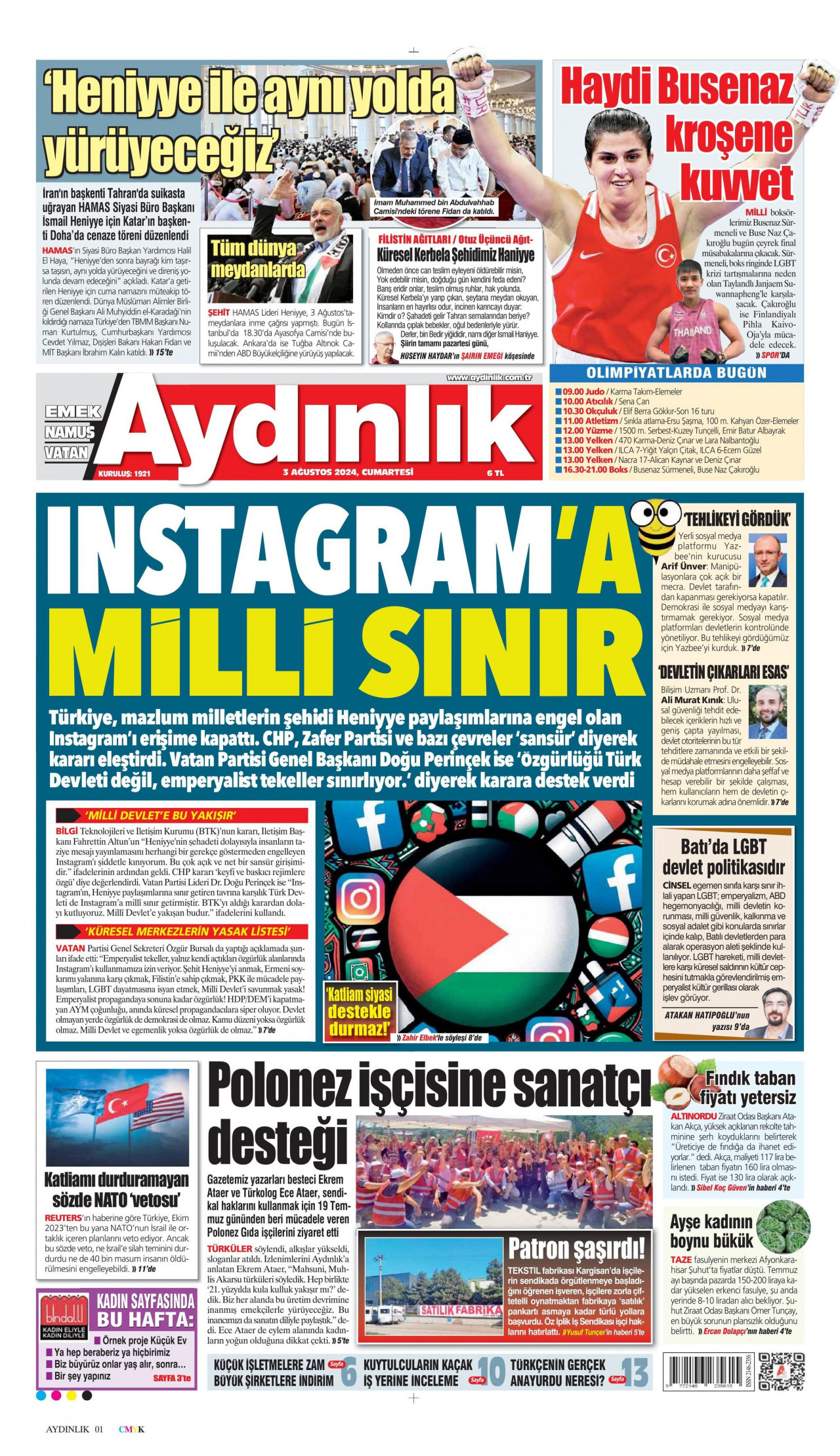 AYDINLIK GAZETESİ gazetesinin 3 Ağustos 2024 tarihli birinci sayfası