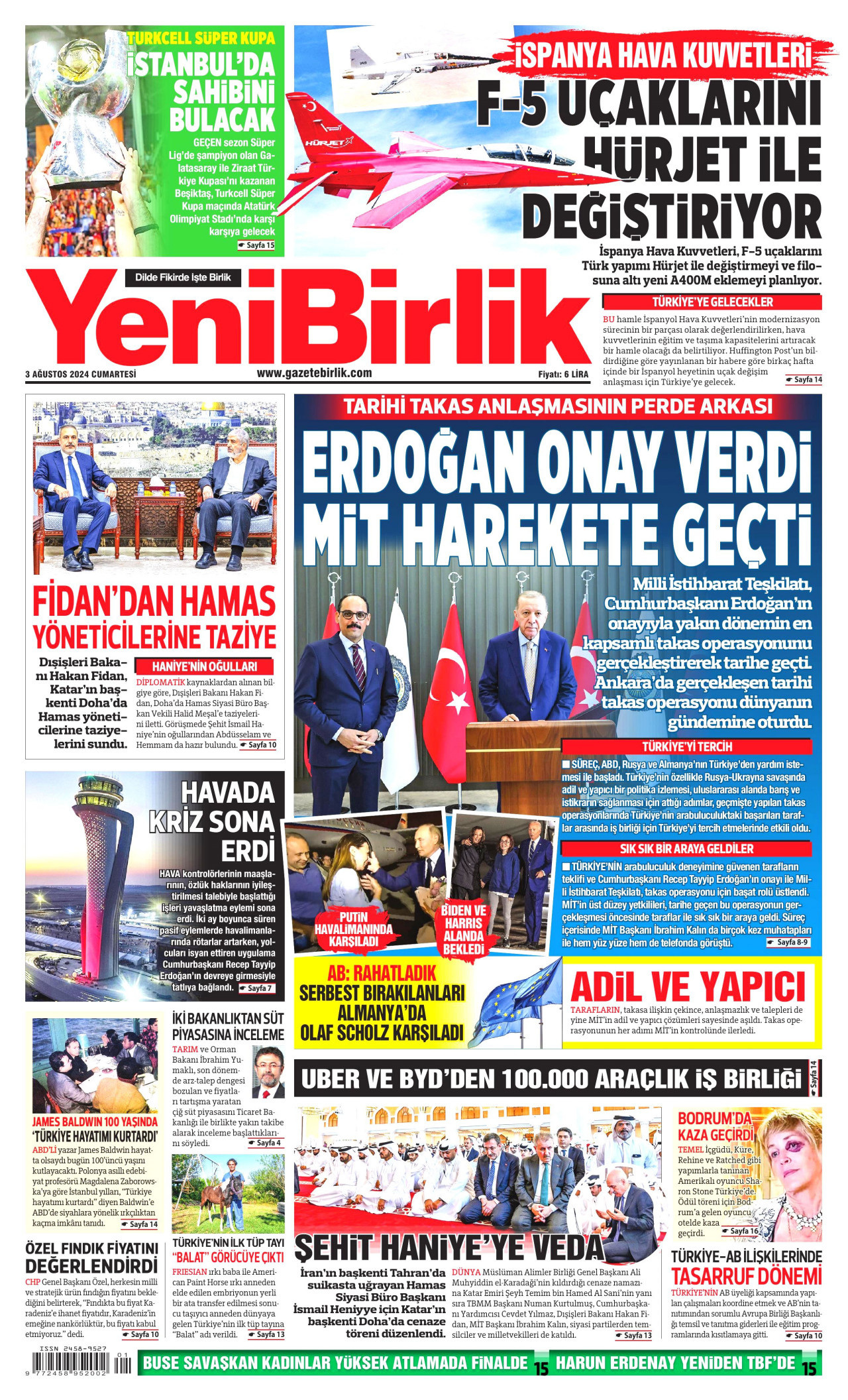 YENİBİRLİK gazetesinin 3 Ağustos 2024 tarihli birinci sayfası