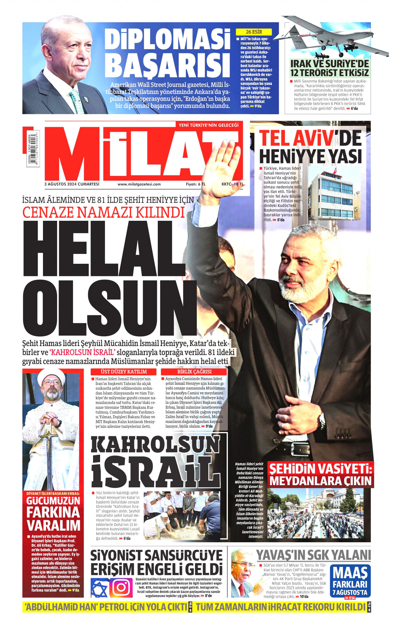 MİLAT gazetesinin 3 Ağustos 2024 tarihli birinci sayfası