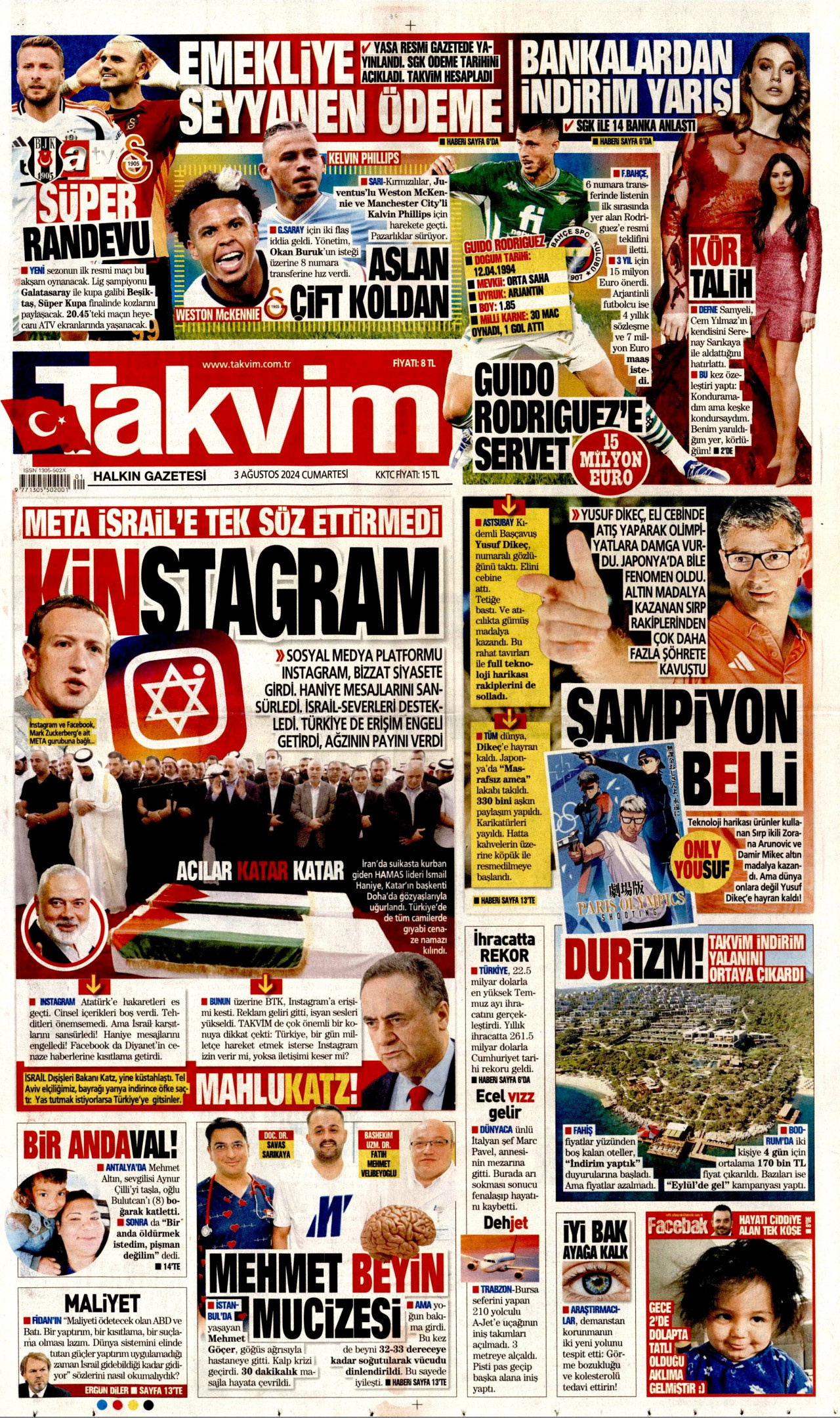 TAKVİM gazetesinin 3 Ağustos 2024 tarihli birinci sayfası
