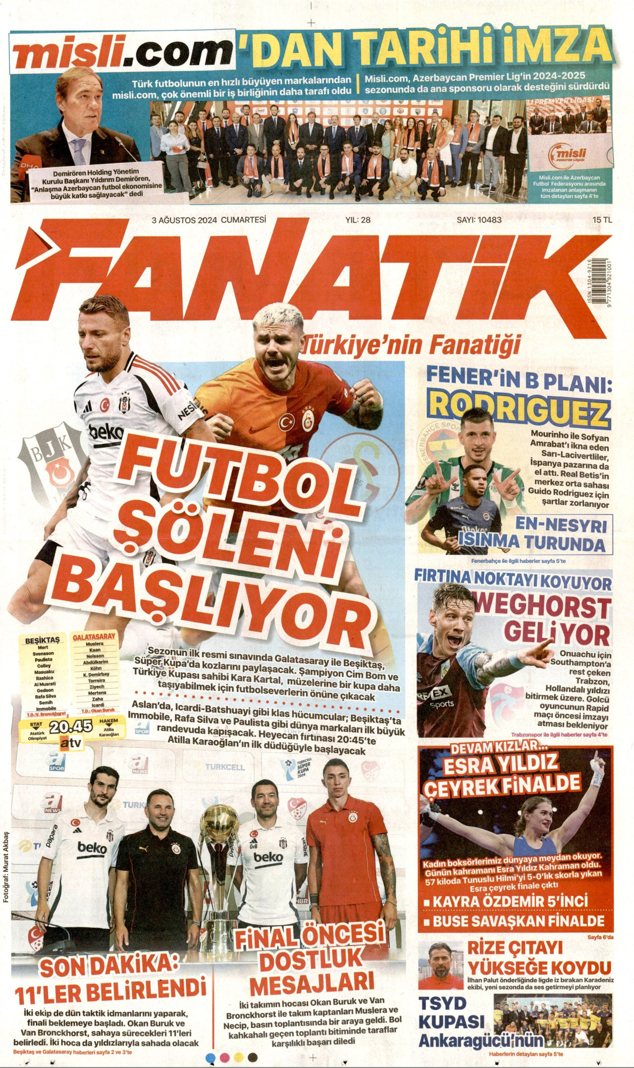 FANATİK gazetesinin 3 Ağustos 2024 tarihli birinci sayfası