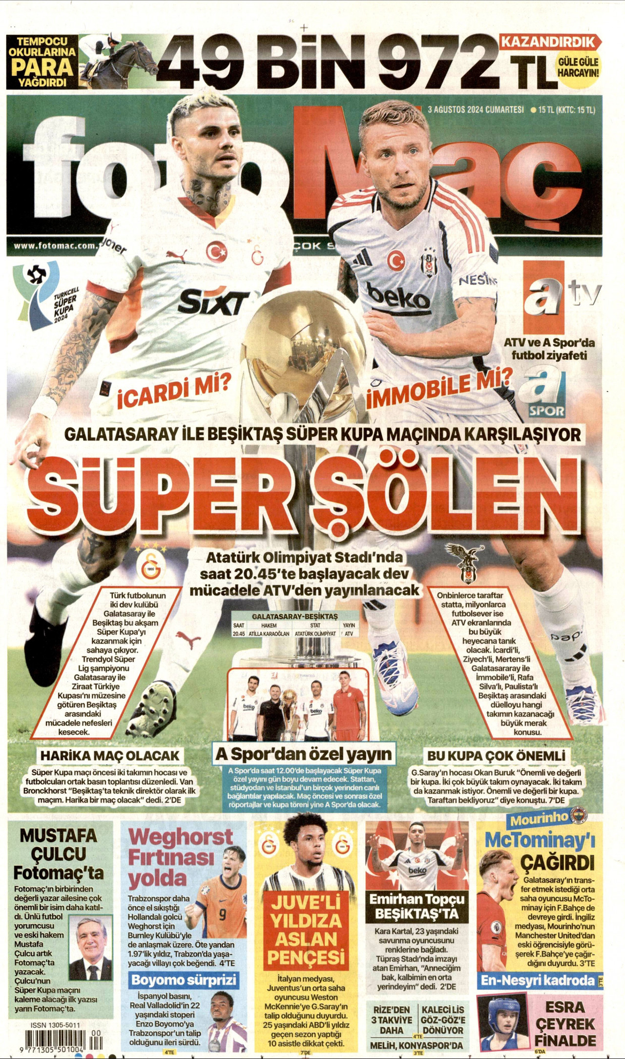 FOTOMAÇ gazetesinin 3 Ağustos 2024 tarihli birinci sayfası