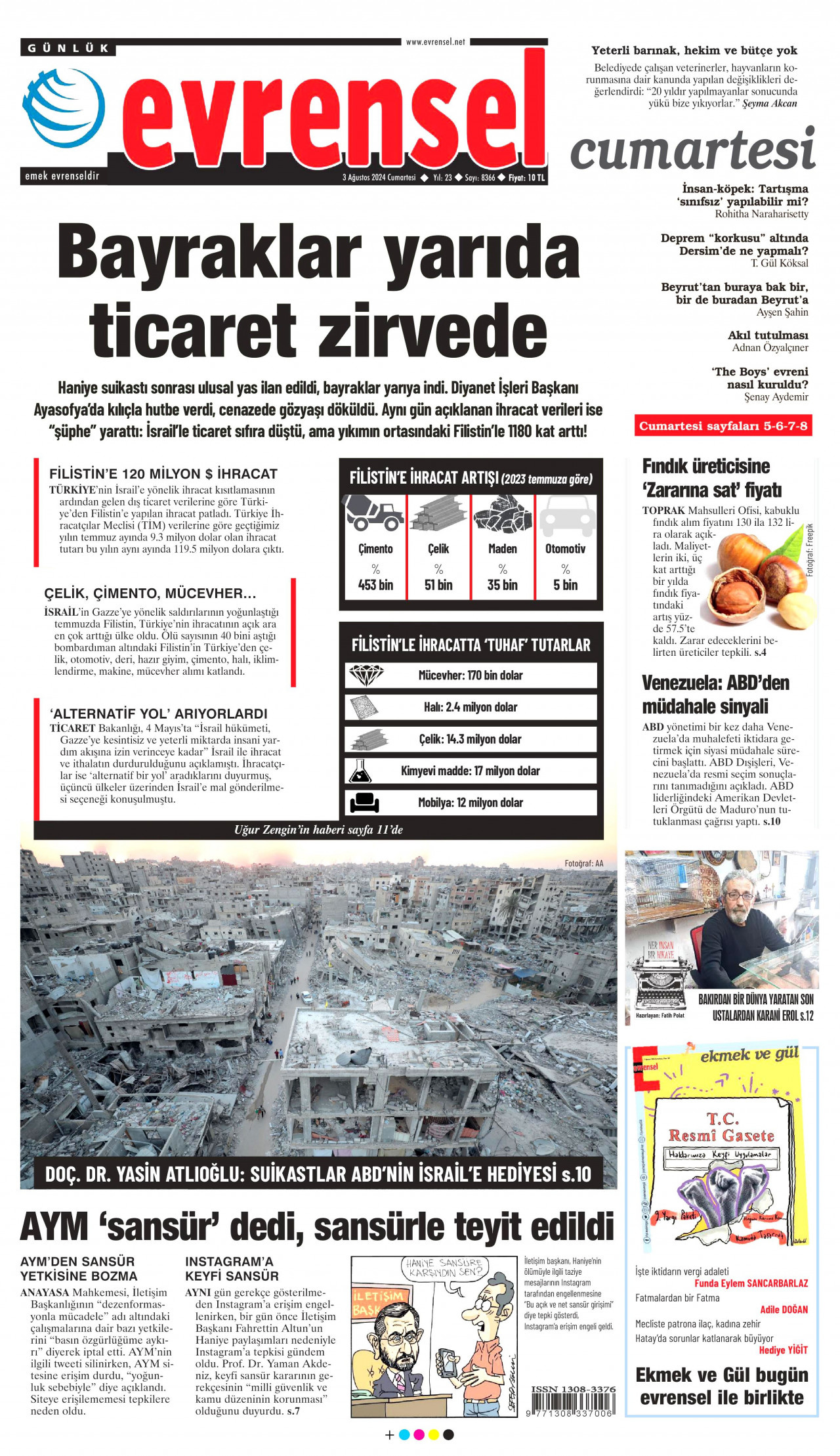 EVRENSEL gazetesinin 3 Ağustos 2024 tarihli birinci sayfası