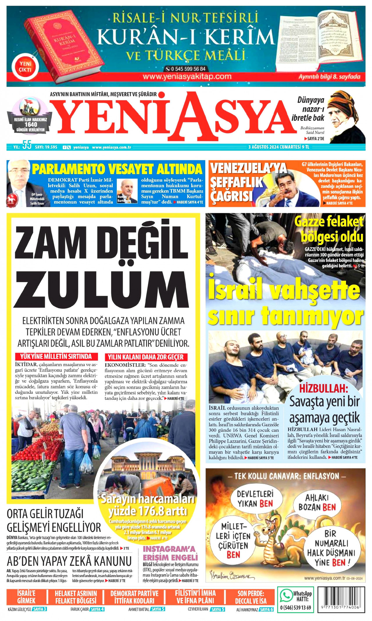 YENİ ASYA gazetesinin 3 Ağustos 2024 tarihli birinci sayfası