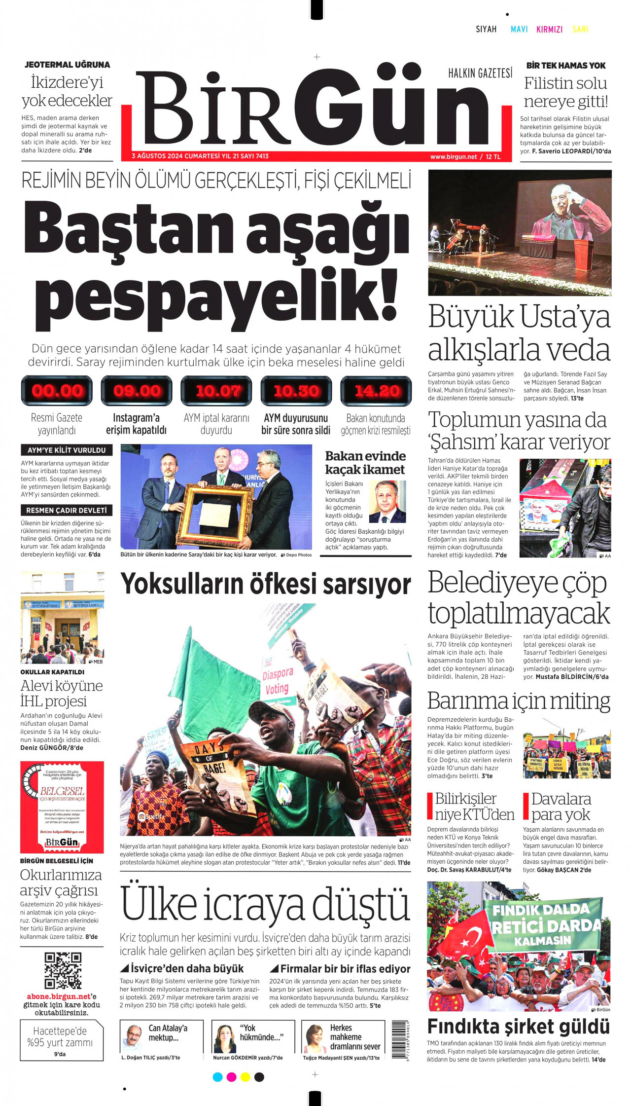 BİRGÜN gazetesinin 3 Ağustos 2024 tarihli birinci sayfası
