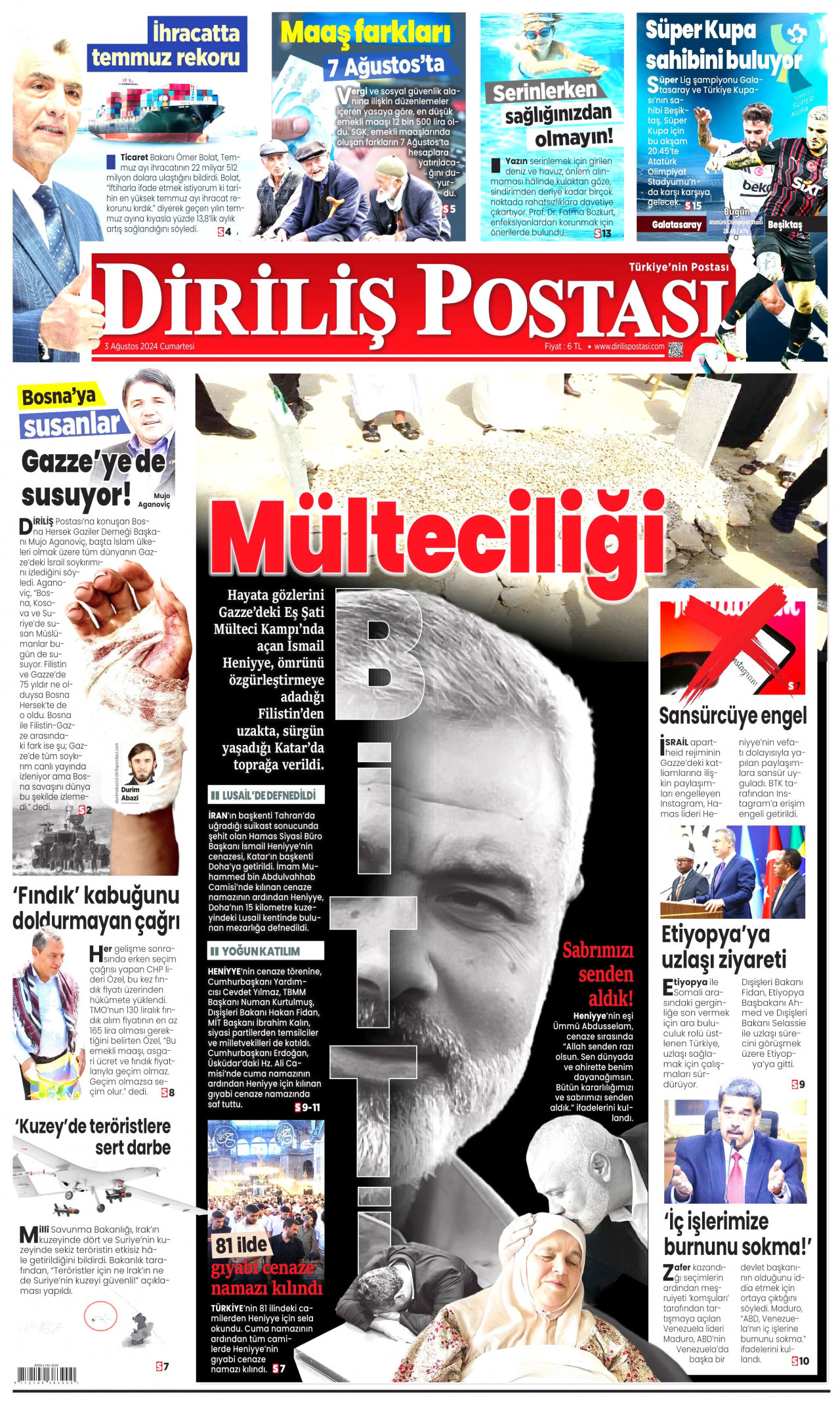 DİRİLİŞ POSTASI gazetesinin 3 Ağustos 2024 tarihli birinci sayfası