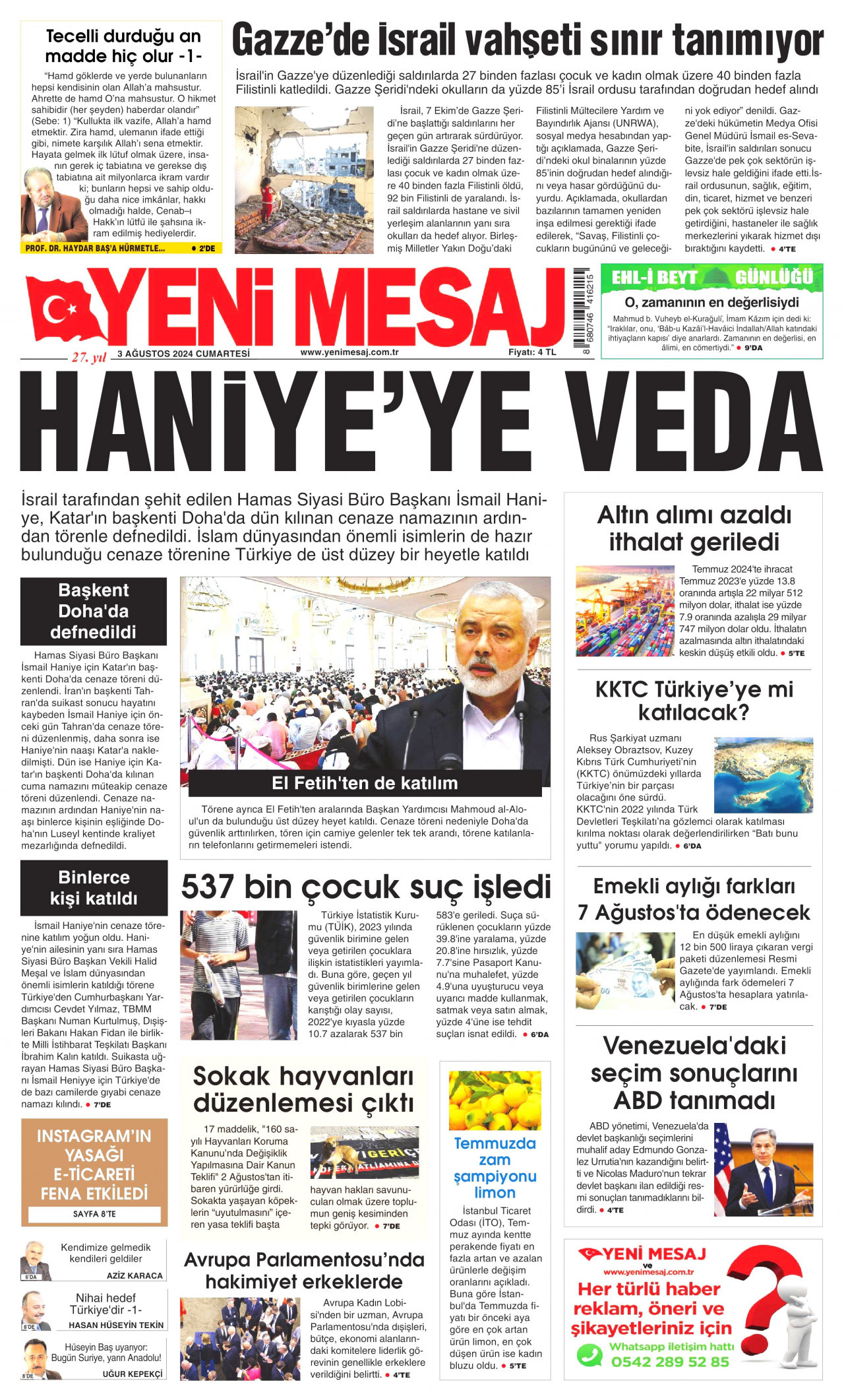 YENİ MESAJ gazetesinin 3 Ağustos 2024 tarihli birinci sayfası