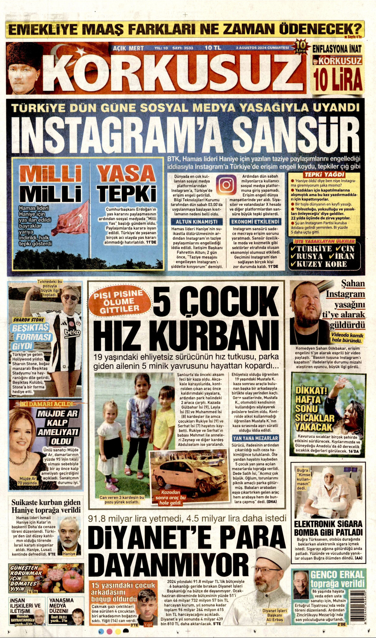 KORKUSUZ gazetesinin 3 Ağustos 2024 tarihli birinci sayfası